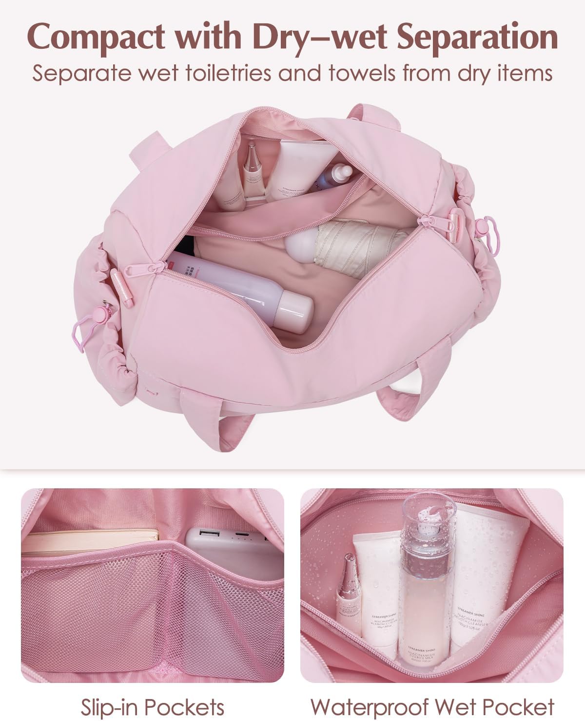 Small Gym Bag, Mini Gym Bag for Women with Yoga Mat Holder and Wet Compartment, Cute Mini Puffer Duffle Bag with Water Bottle Pocket for Workout Yoga Dance, Puffer Pink