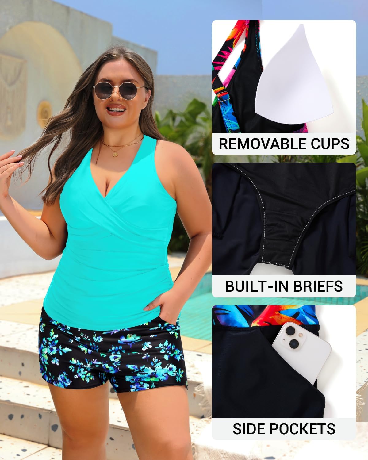 Daci Plus Size Tankini Swimsuit for Women - Two Piece Tummy Control Bathing Suit Tankini Top with Two Pockets Shorts - Image 5