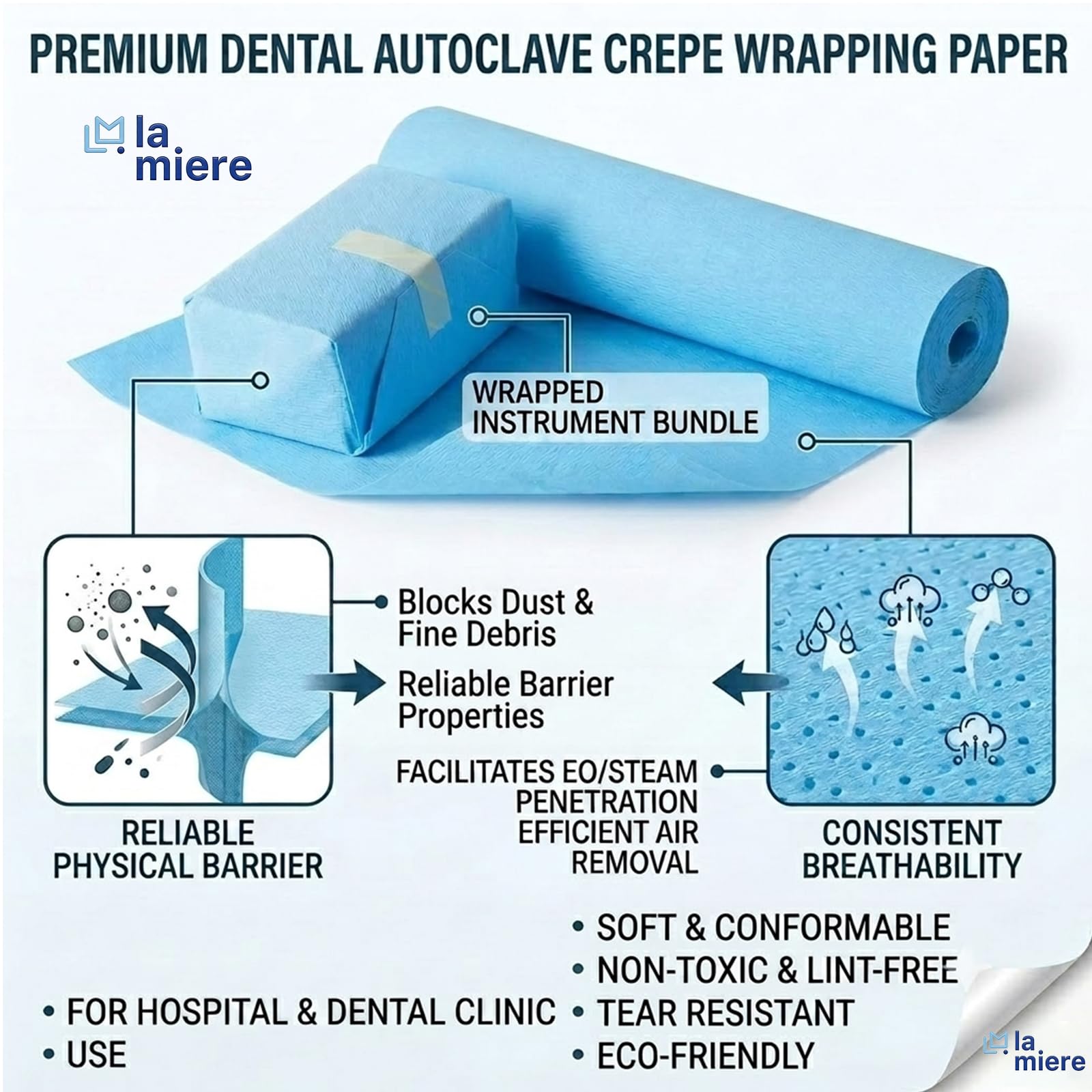 LA MIERE Lot de 1000 feuilles de papier crépon de cellulose dentaire pour autoclave CSR, stérilisation avec vapeur et EO, 38,1 x 38,1 cm
