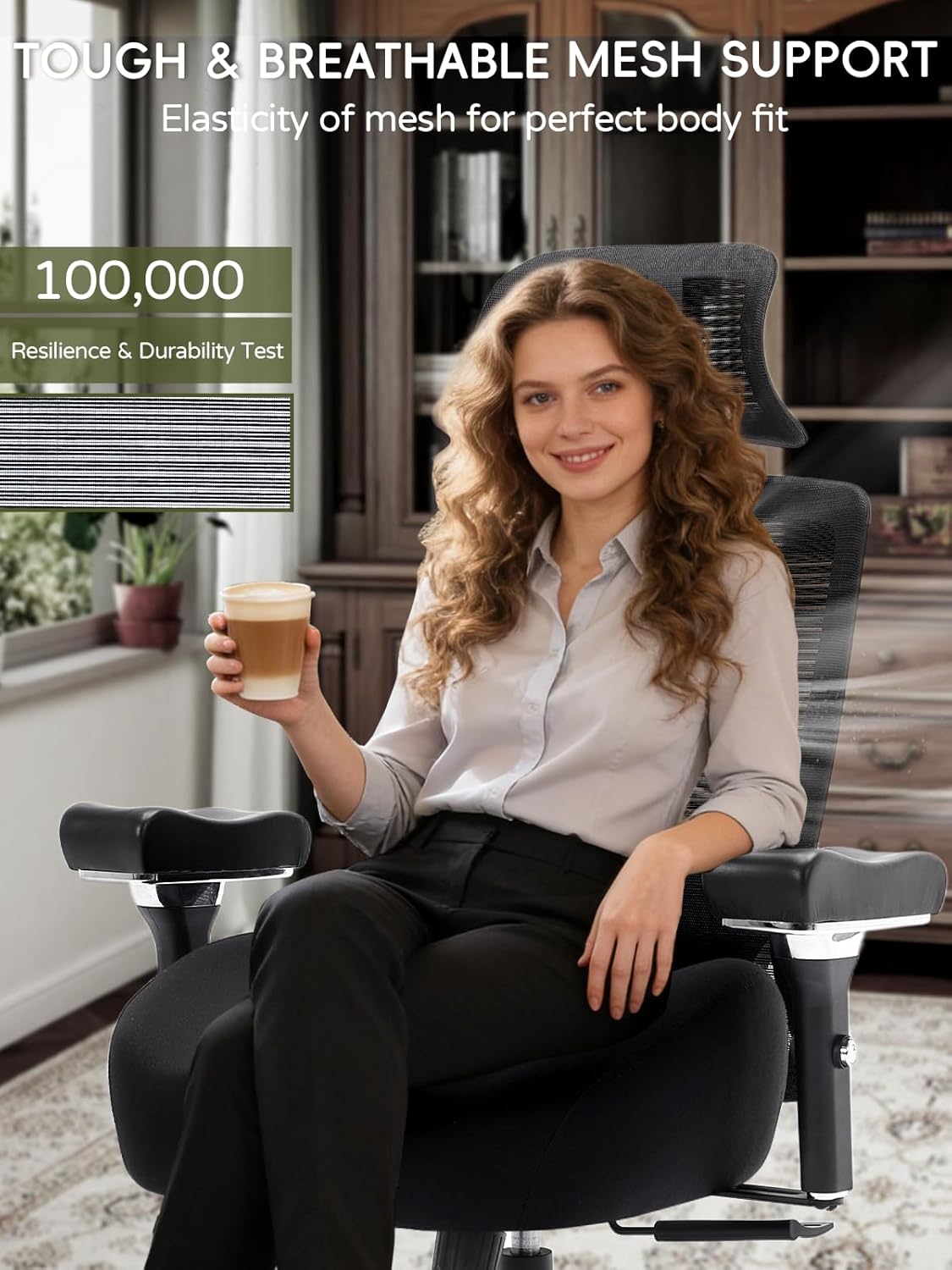 Big and Tall Office Chair 550lbs, Ergonomic Desk Chair with W Thick Cushion&4D Armrest, Executive Mesh Desk Chair with Adjustable Lumbar Support, 2D Headrest, Swivel Task Chairs for Home Office Gaming