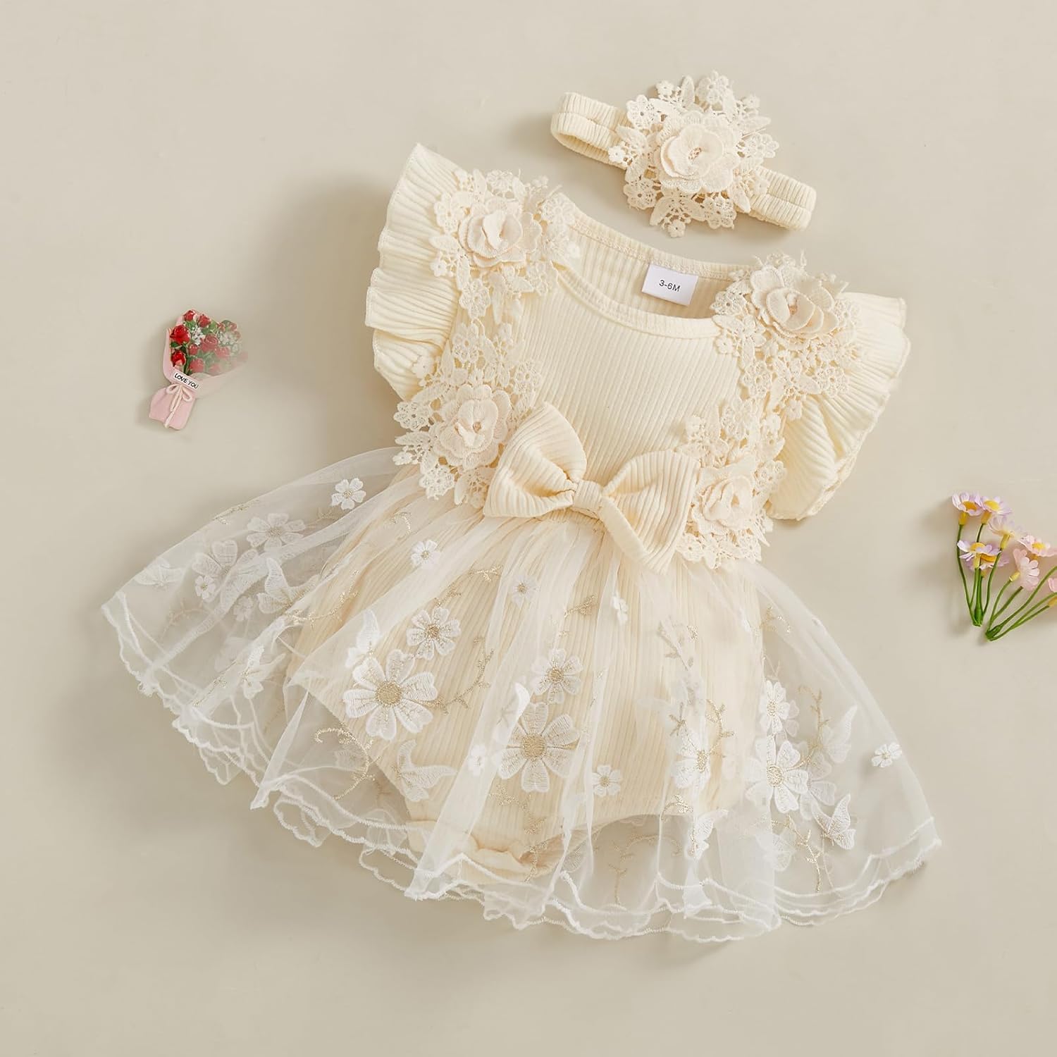 Douhoow Baby Girl Romper Dress Baby Dress Romper Flowers Lace Infant Girl Spring Summer Clothes with Headband - Image 3