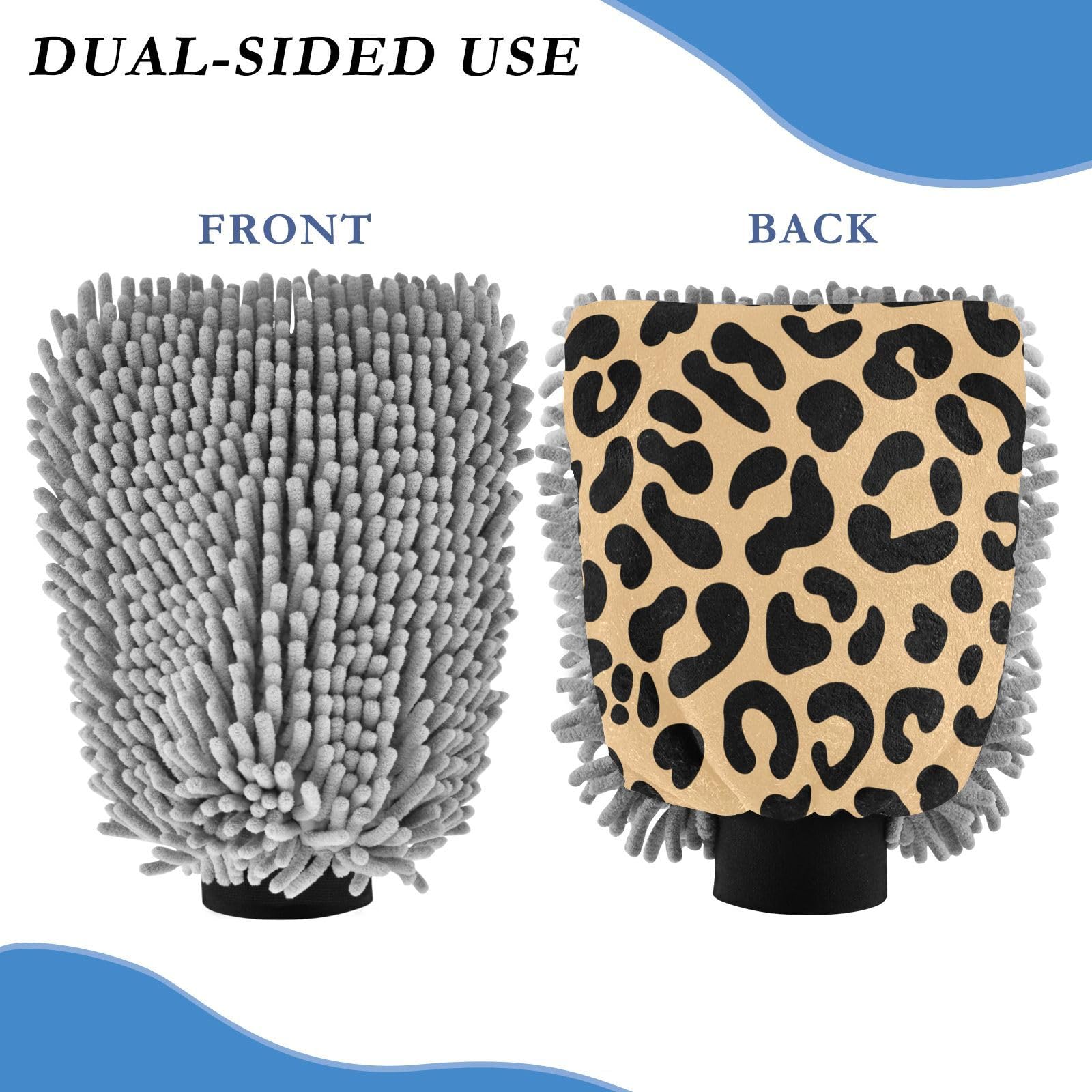 Kigai Beautiful Leopard Print Texture Car Wash Mitt Microfiber, 2Pcs Scratch Free Lint-Free, Premium Chenille Microfiber Mitt Car Wash Brush-M