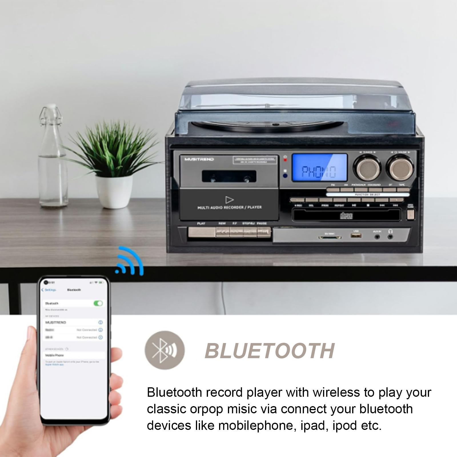 Lettore CD e cassette classico con riproduzione USB/SD, radio AM/FM, sistema audio per gli amanti della musica, compatibile con vinile, design retrò