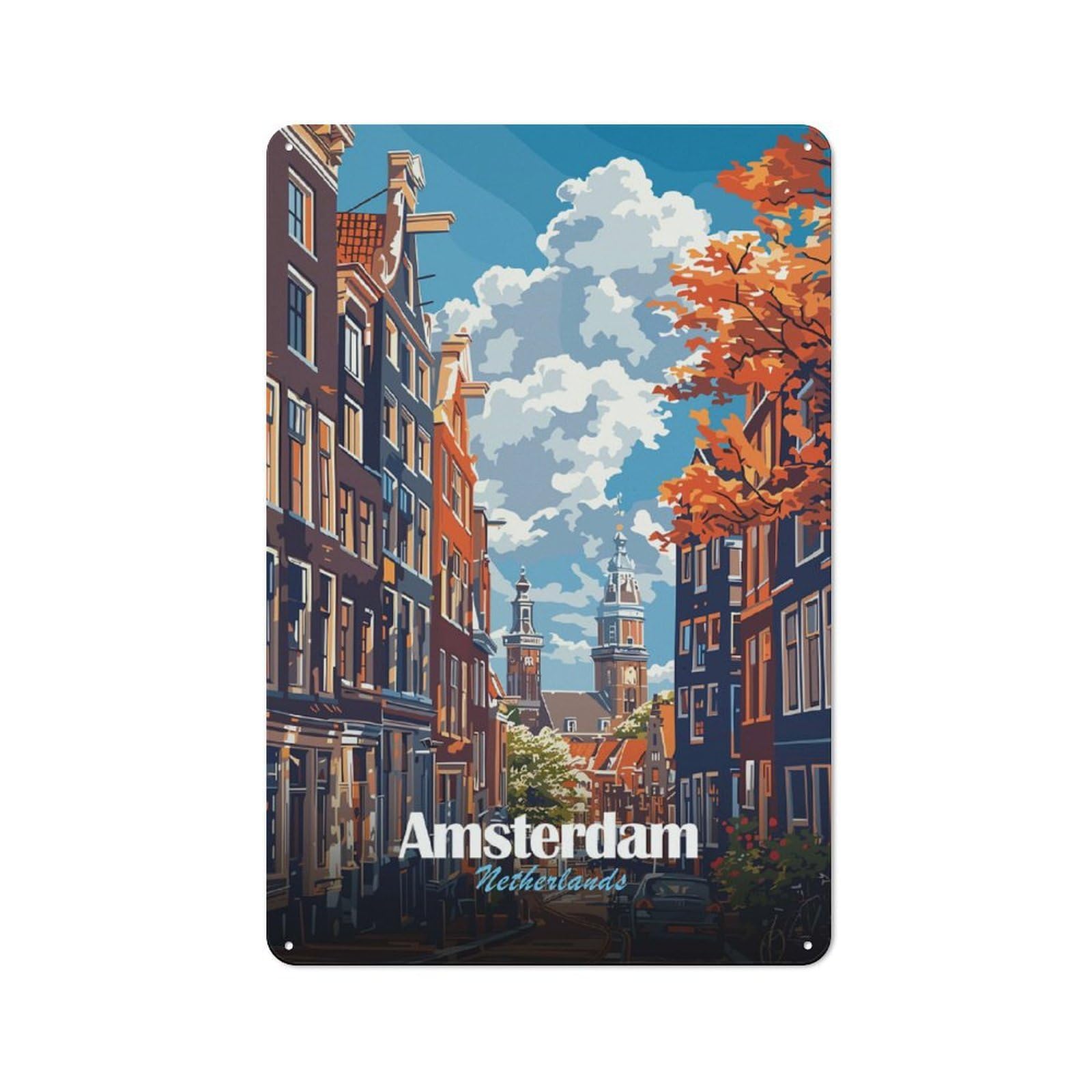 Junmoney Amsterdam Netherlands Cityscape Art Metal Wall Sign 30X20cm Featuring For Bar Or Restaurant, For Bar Decor Enthusiasts