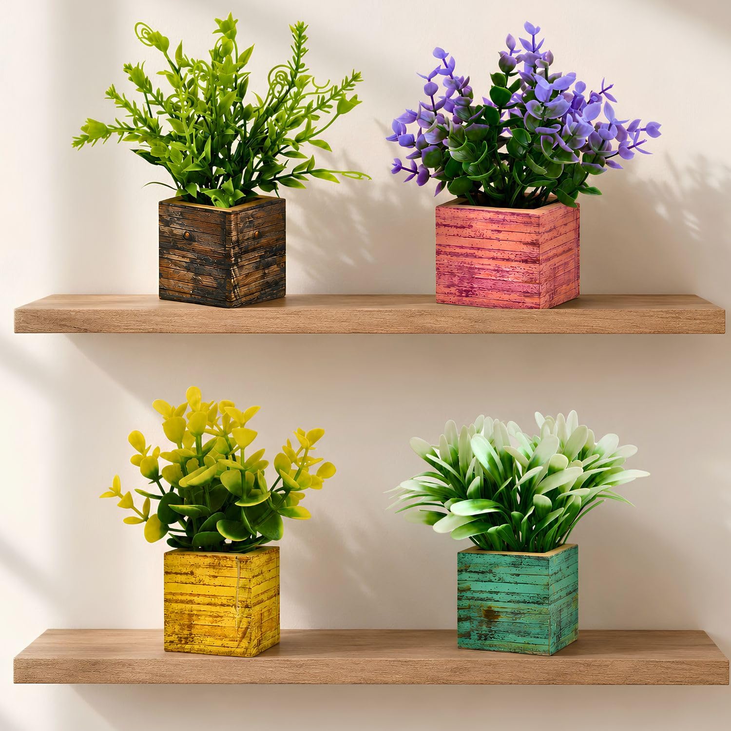 fancymart Artificial Decorative Eucalyptus Plants with Colourful Small Wooden Pots, 14 cm Height for Indoor Home, Office, Table and Shelf Decoration, Pack of 4