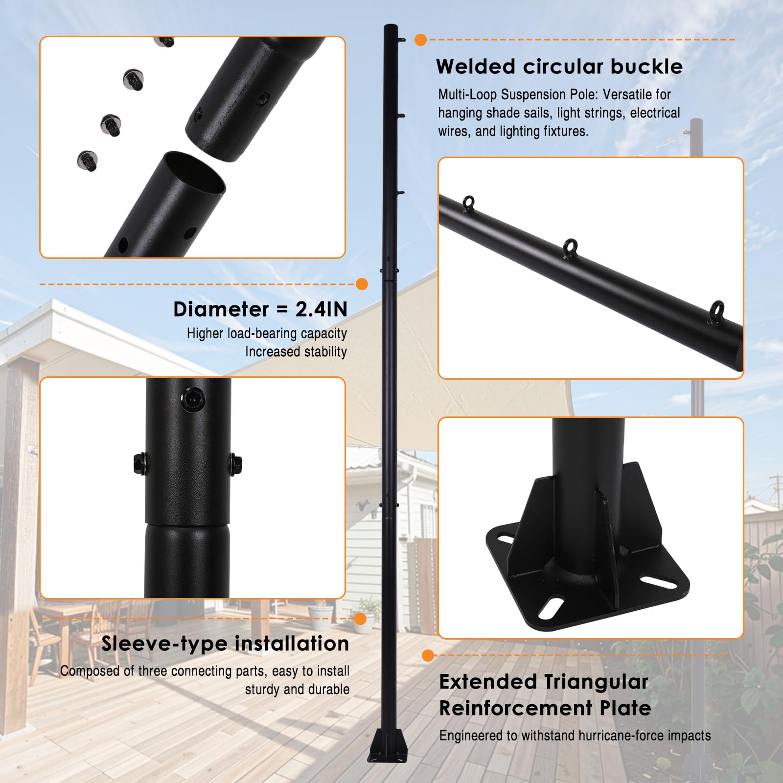 2er-Pack Sonnensegelmaste, 300cm Pfosten für Sonnensegel Metall, 61mm dicken Durchmesser Ständer Sonnensegel Befestigung Set für Garten Terrasse Hinterhof Rasen