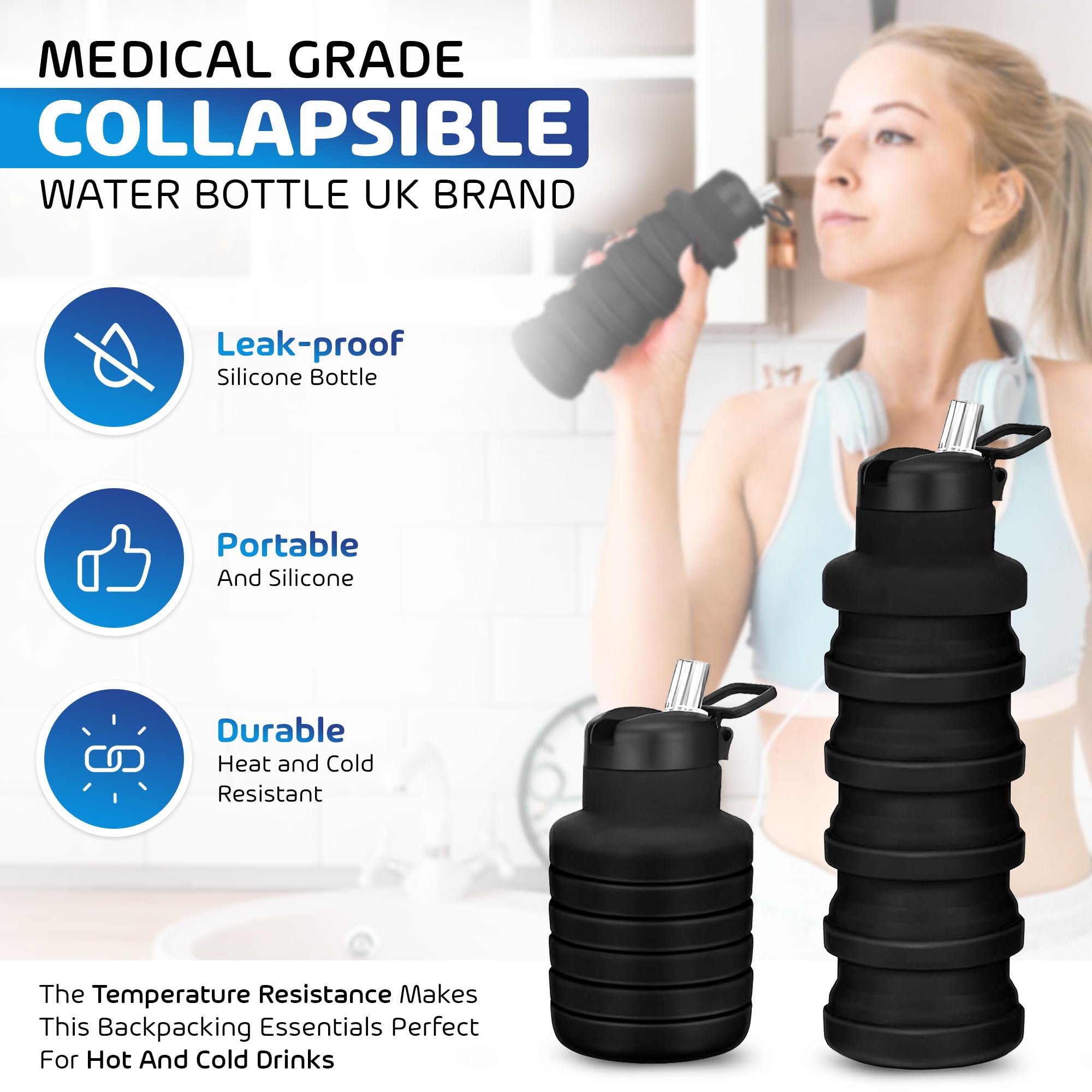 Borraccia Pieghevole Con Cannuccia 610ml - BEAUTAIL - Silicone Alimentare, Anti-perdite, Salvaspazio Per Viaggi, Trekking, Palestra E Sport - Senza BPA (Blu Scuro)