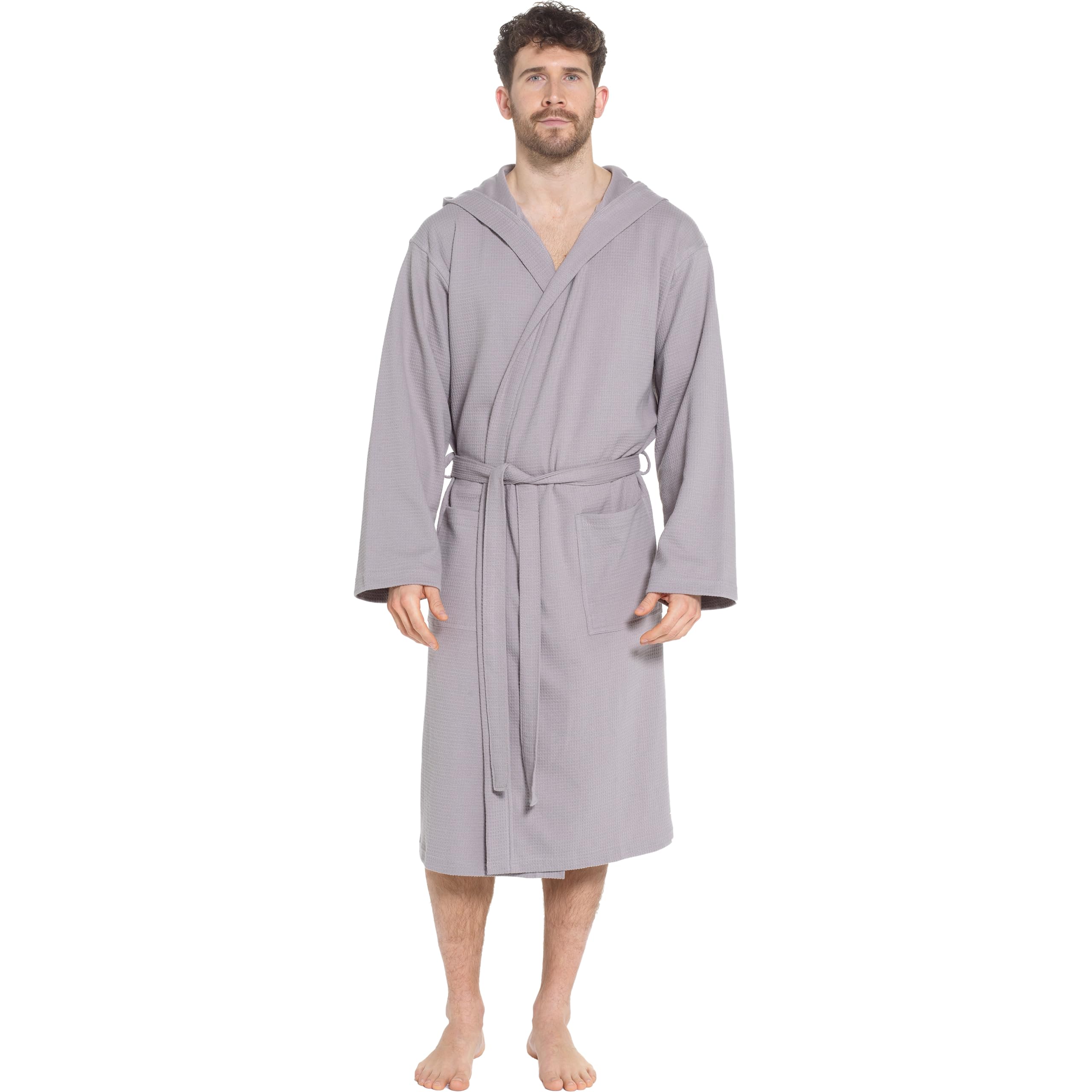 Sock Stack Men's Hooded Waffle Robe Dressing Gown Bathrobe for Men Super Absorbent Cotton Robes Spa Perfect for Home & Loungewear, Grey XXL
