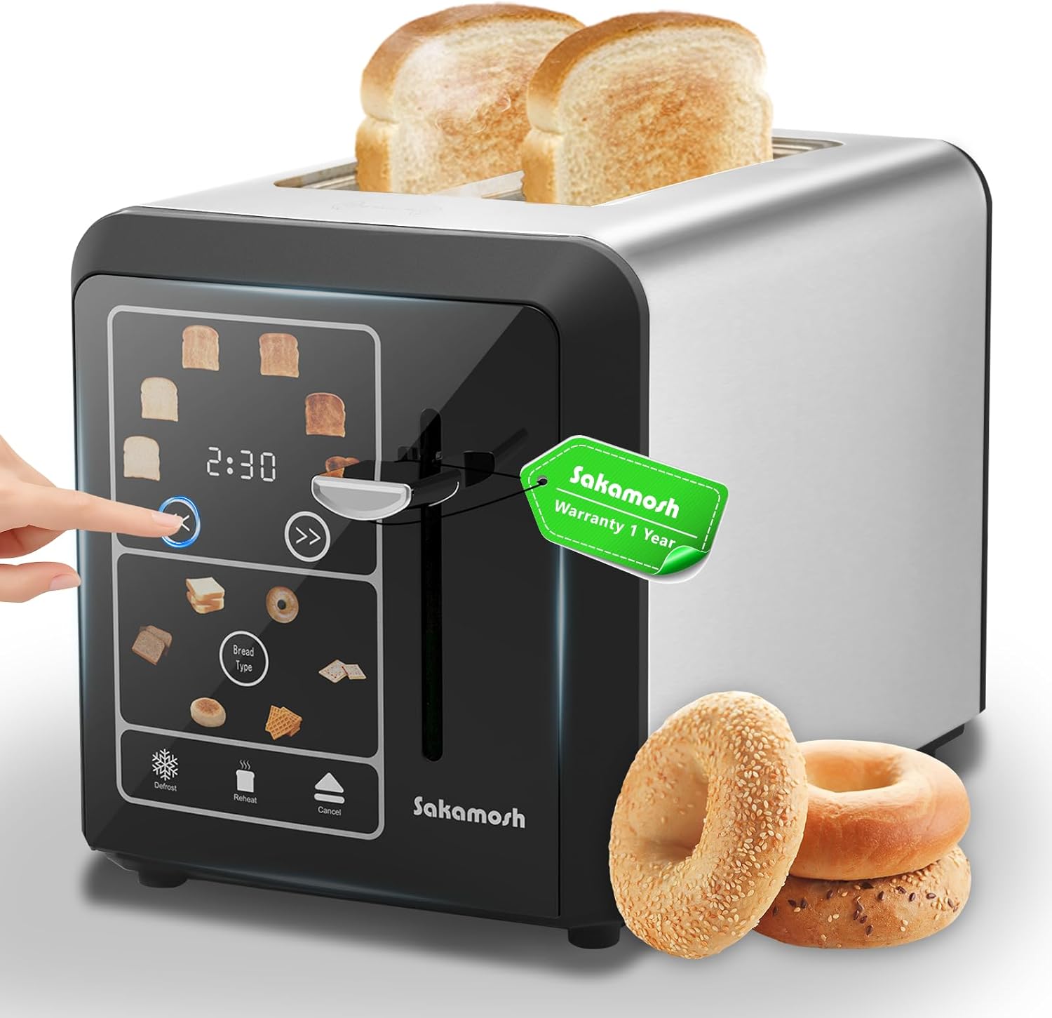 Touch Screen Toaster 2 Slice, Smart Digital Toasters, 6 Browning Levels & 6 Bread Types, Bagel Memory Function, Timer, Stainless Steel, 800W