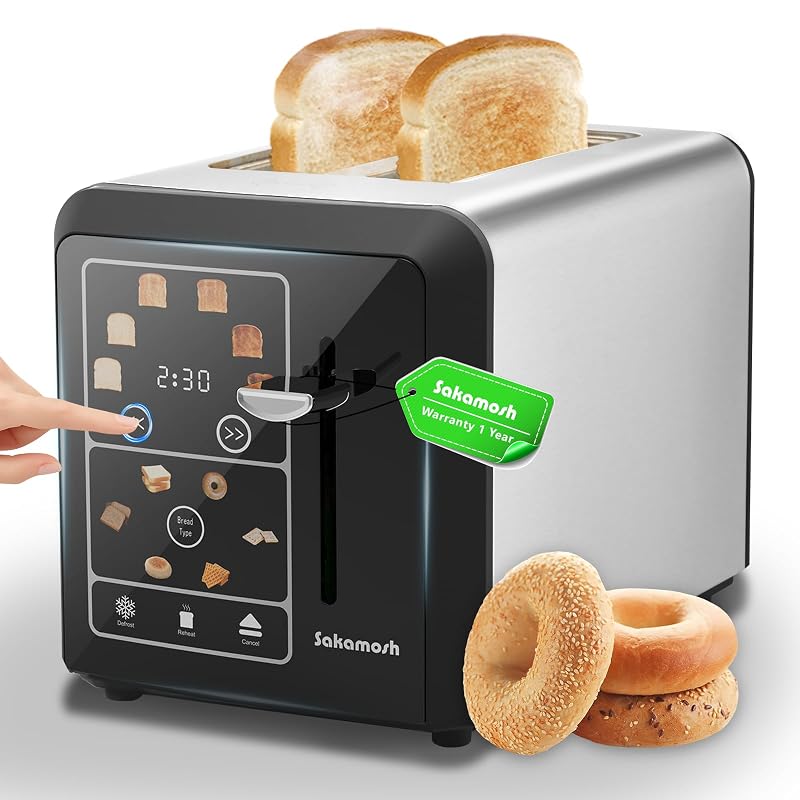 SAKAMOSH Torradeira Com Tela Sensível Ao Toque, 2 Fatias, Torradeira Digital Inteligente, 6 Níveis De Tostagem E 6 Tipos De Pão, Função De Memória Para Bagel, Timer, Aço Inoxidável, 800W