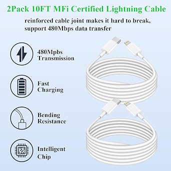 2Pack Fast Charger iPhone [Apple MFi Certified], 10FT iPhone Charger USB C