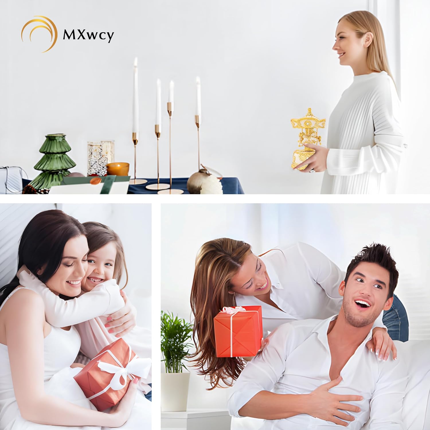 MXwcy Carousel Music Box 6.2" Classic Wind Up Music Box, Rotating Carousel Horse Christmas Table Center Piece, Gold & Ivory Vintage Home Decor, for Mom Women Birthday Gifts for Girls