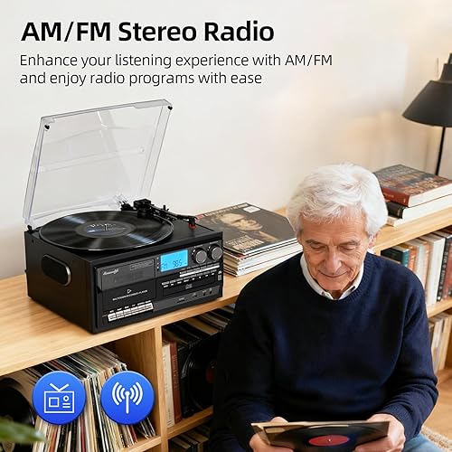 Miniatura 5 de Reproductor de discos Altavoces integrados 10 en 1 tocadiscos con cinta de casete de CD AM FM función de radio 3 velocidades BT entrada salida