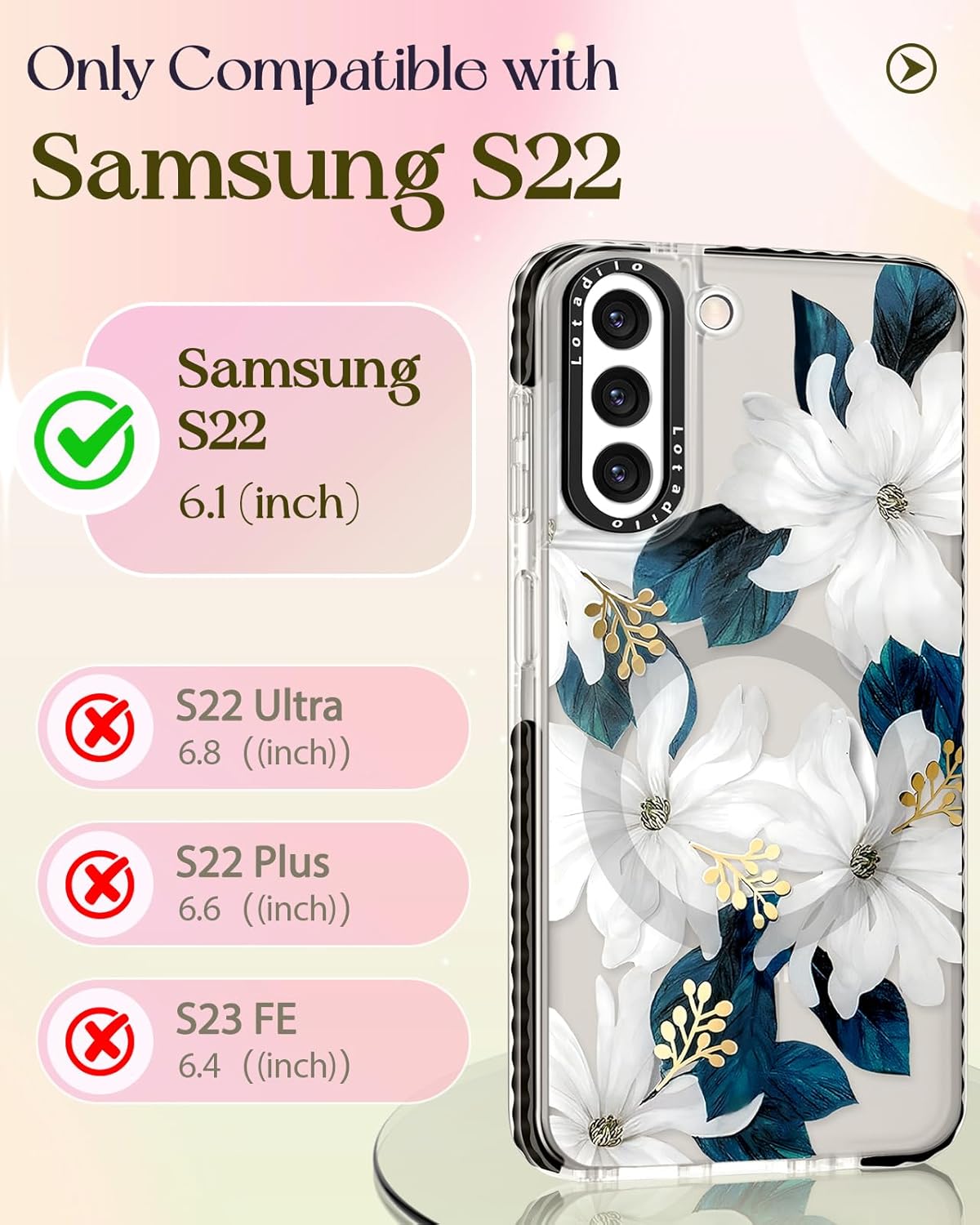 Cute Case for Samsung Galaxy S22 for Women Girls - Funny Design Compatible with Magsafe Magnetic Ring Holder Kickstand Art Blue Flower Fashion Pattern TPU Phone Covers - Image 2