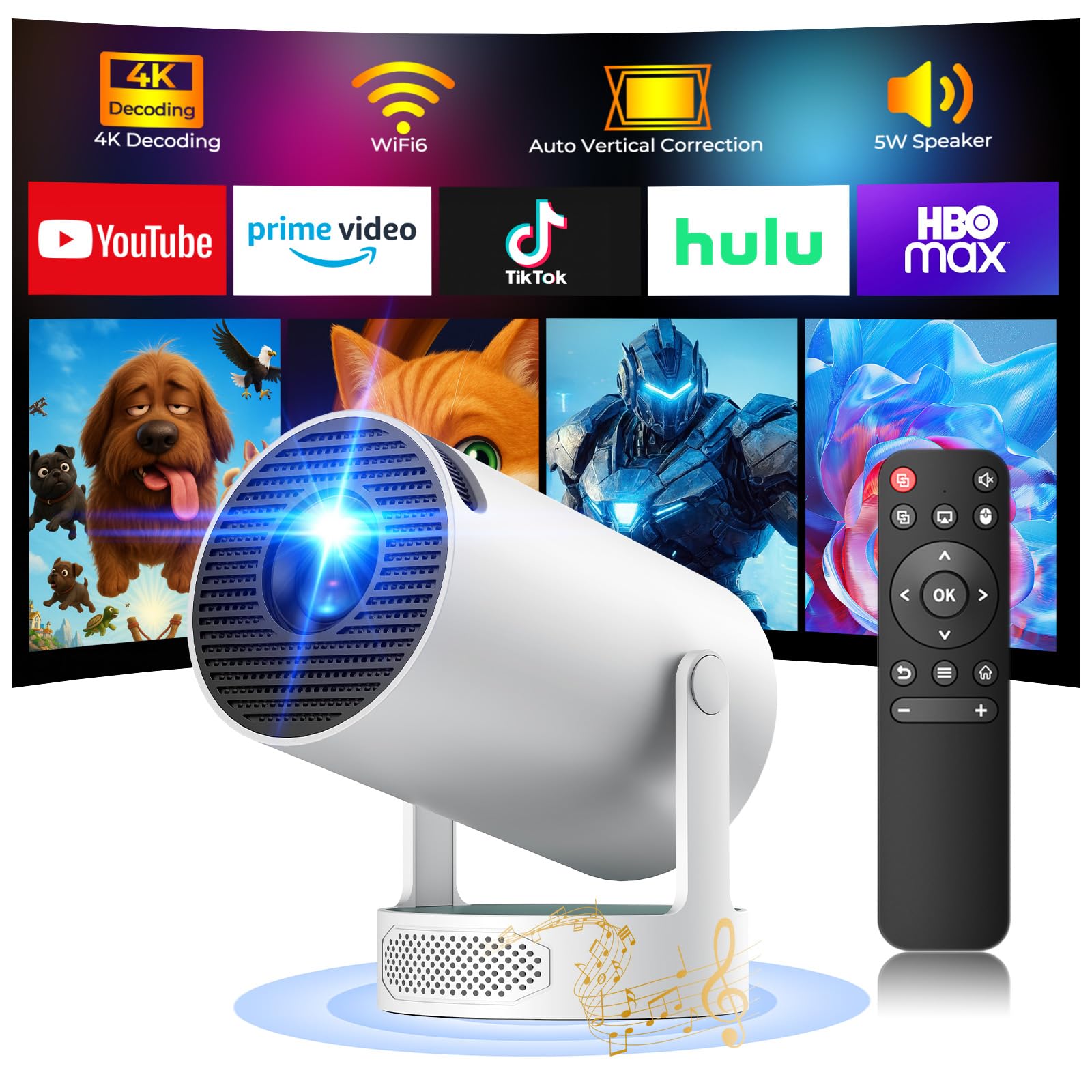 Mini Projector with WiFi and Bluetooth, 4K Projector with 5W Soundbase Speaker, Portable Projector for Bedroom, 300 ANSI Lumens Smart Projector, 270°