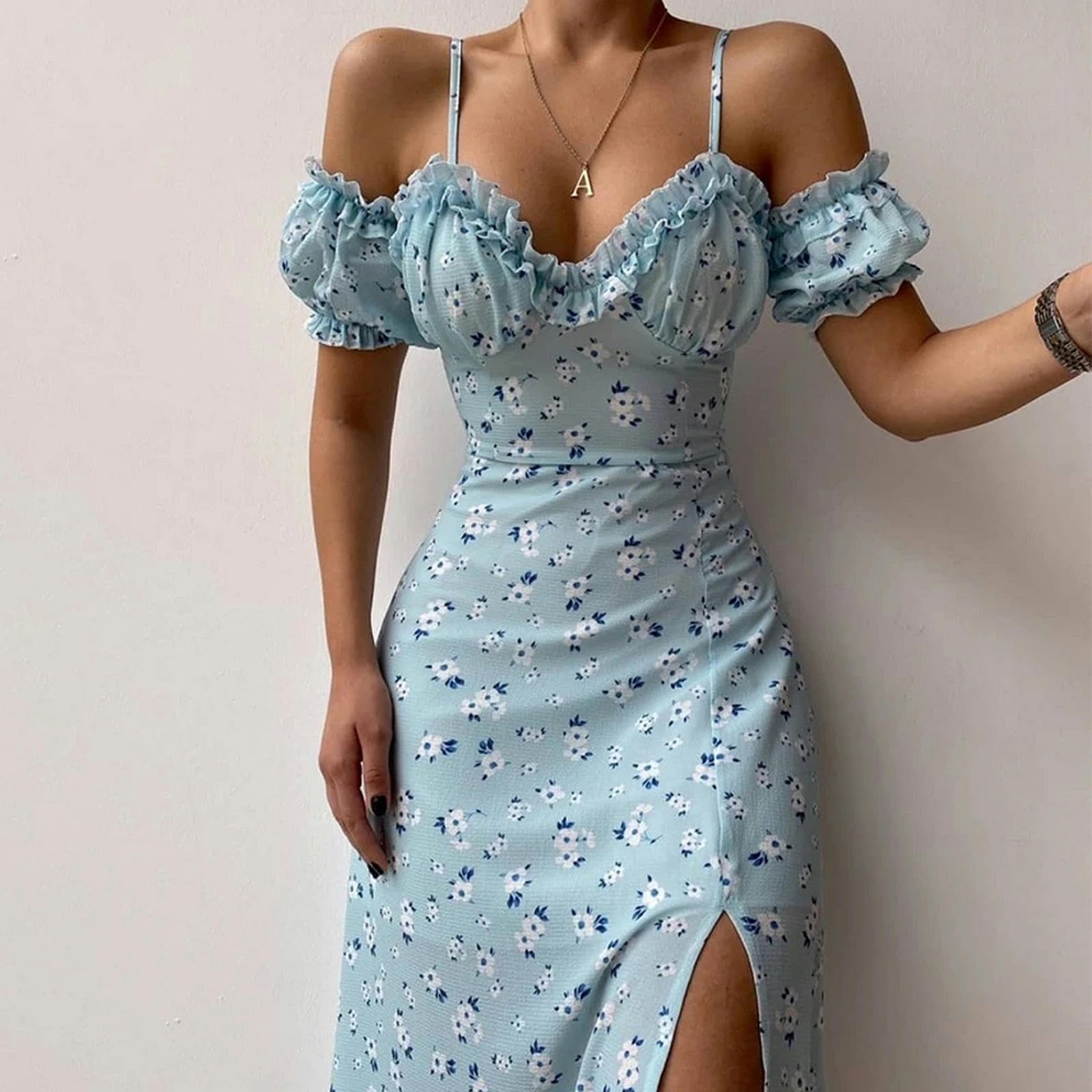 Elegante Estampado Casual de Verano Vestido Dividido Hombro a Hombro Vestido Midi de Manga Corta para Mujeres, Adecuado para Fiestas de Clubes de Vacaciones, HUTALIM, Azul claro, m
