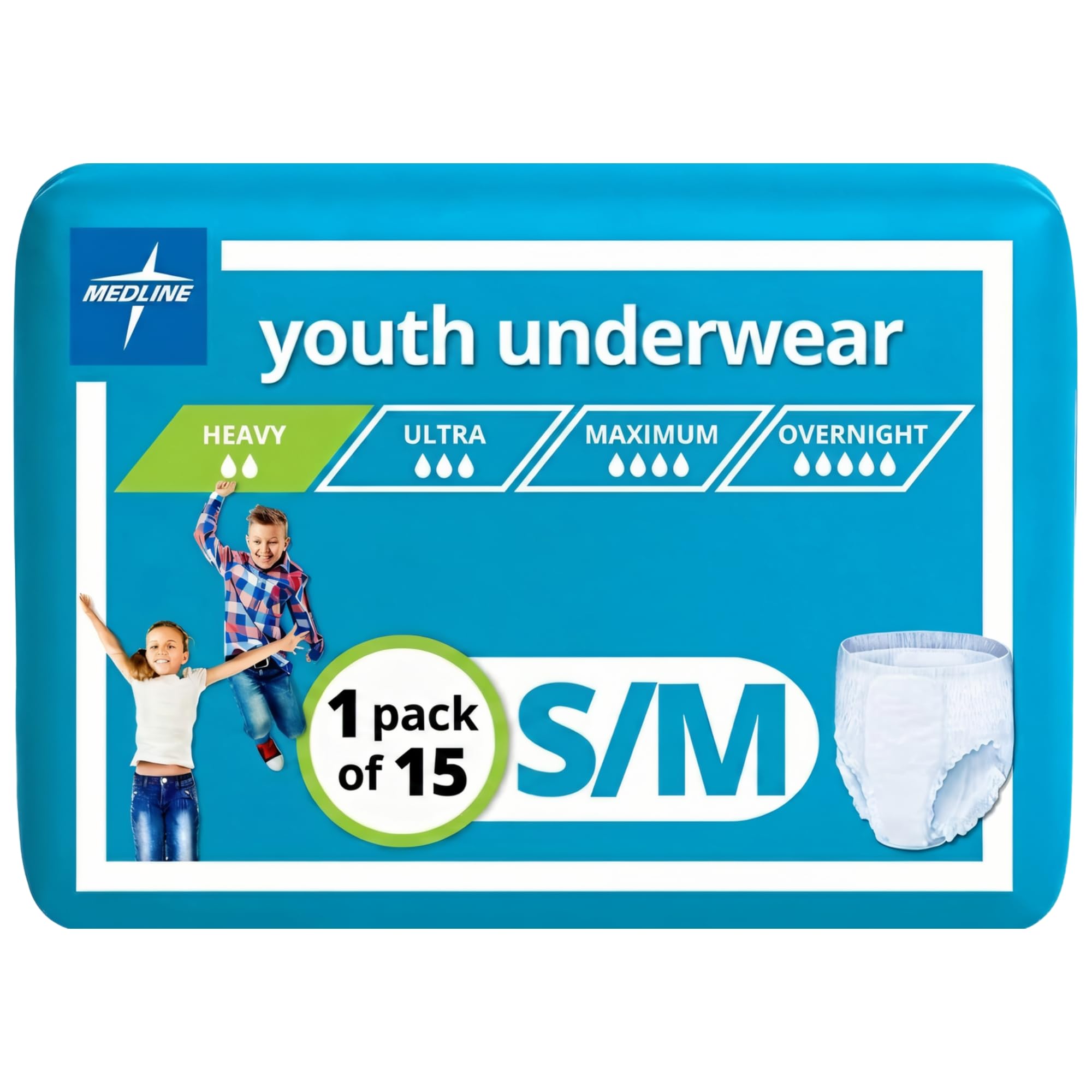 Medline Youth Disposable Protective Underwear, S/M Size for 40-70 lbs, Leakproof & Absorbent, Comfortable with Odor Control, Easy to Wear, 15 Count (1