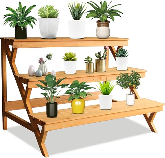 3 Tier Wood Plant Stand Indoor Outdoor, Ladder Multi Tiered Plant Holder Stand, Wooden Large Plant Stands, Display Storage Shelf, 35.43"23.62"23.62", 3 Layered Step Plant Rack, Stair Plant Stand