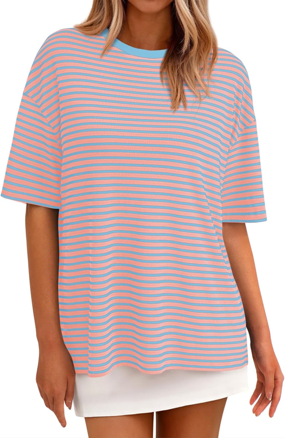 PRETTYGARDEN Short Sleeve Crew Neck Lightweight Ladies Tops and Blouses for Women Dressy Casual Striped Ribbed Spring Tops (Pink Light Blue Striped, Medium)