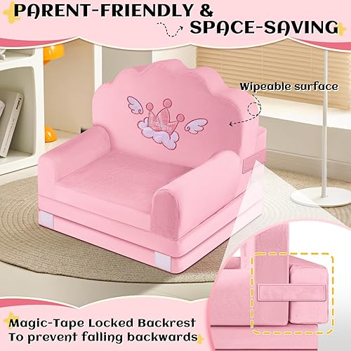 Miniatura 7 de Crown - Sofá cama para niños con funda extraíble lavable y respaldo de cinta mágica, silla plegable para niños pequeños, cómodos muebles de
