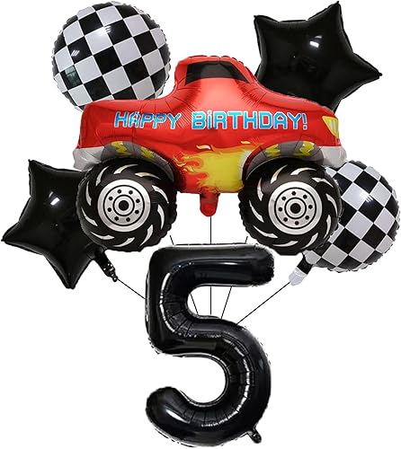 SHINY PARTY Monster Truck - Globos de aluminio de 5 cumpleaños color negro con el número 5 de 32 pulgadas para niños de 5 cumpleaños MO-STE-BIR 0