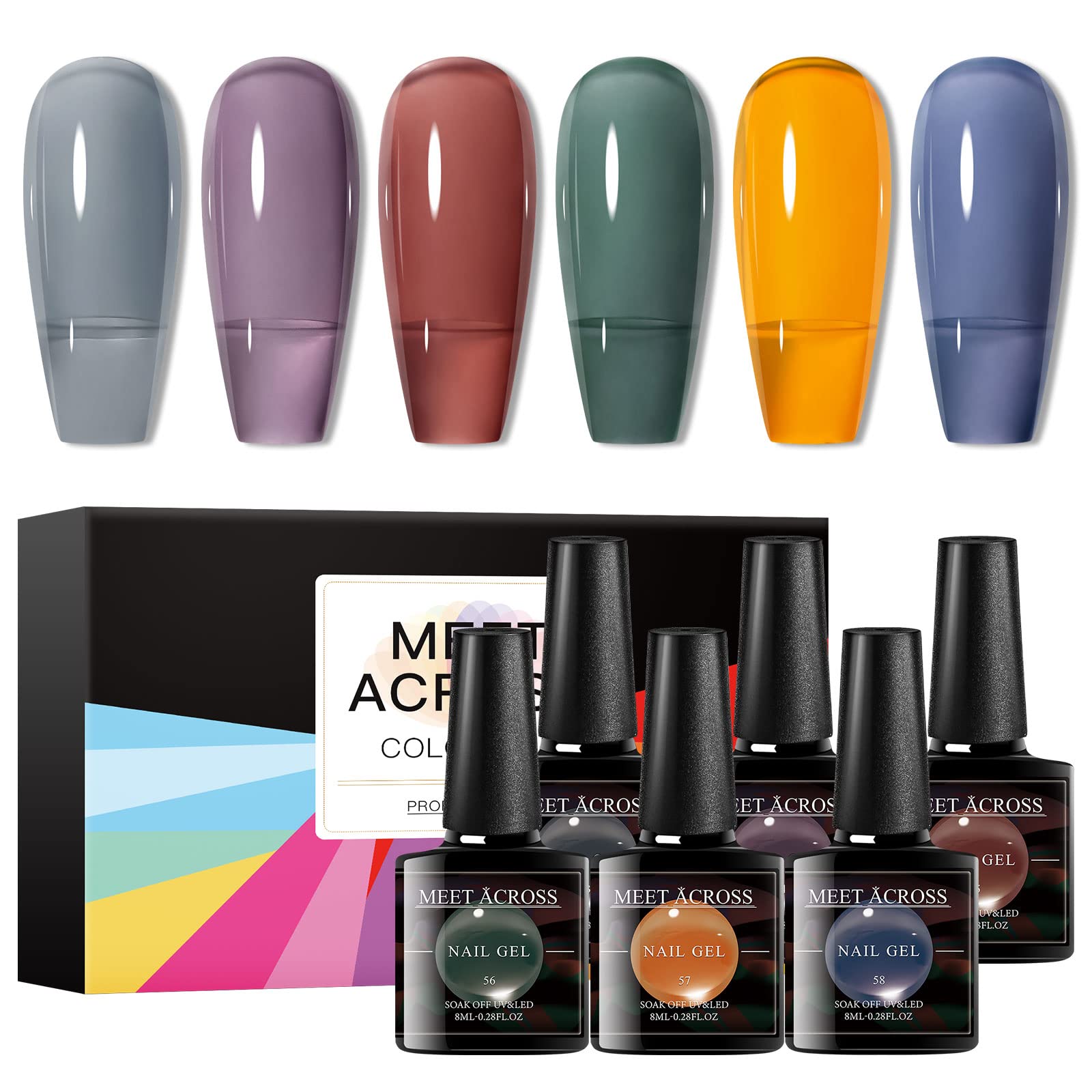 Amazon.com : MEET ACROSS Gel Nail Polish Set 6 Colors White Nude Green Gray  Purple Yellow Gel Polish Kit Soak Off UV Led Lamp Base Top Coat Needed With  Gifts Box For