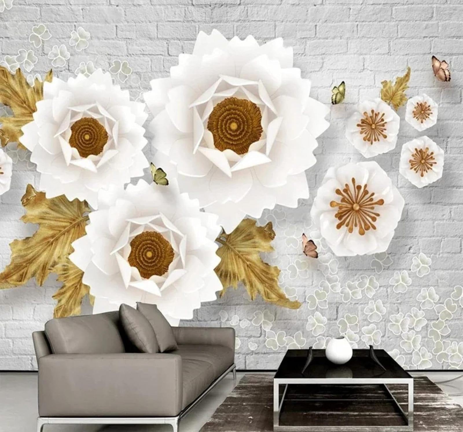 Tzxztt 300Cm×210Cm(B×H) Hand Drawn White Brick Wall Flowers Butterflies Modern 3D Wallpaper Premium Textured Silk Neutral Tones Material Ideal For Living Room Bedroom-300Cm×210Cm