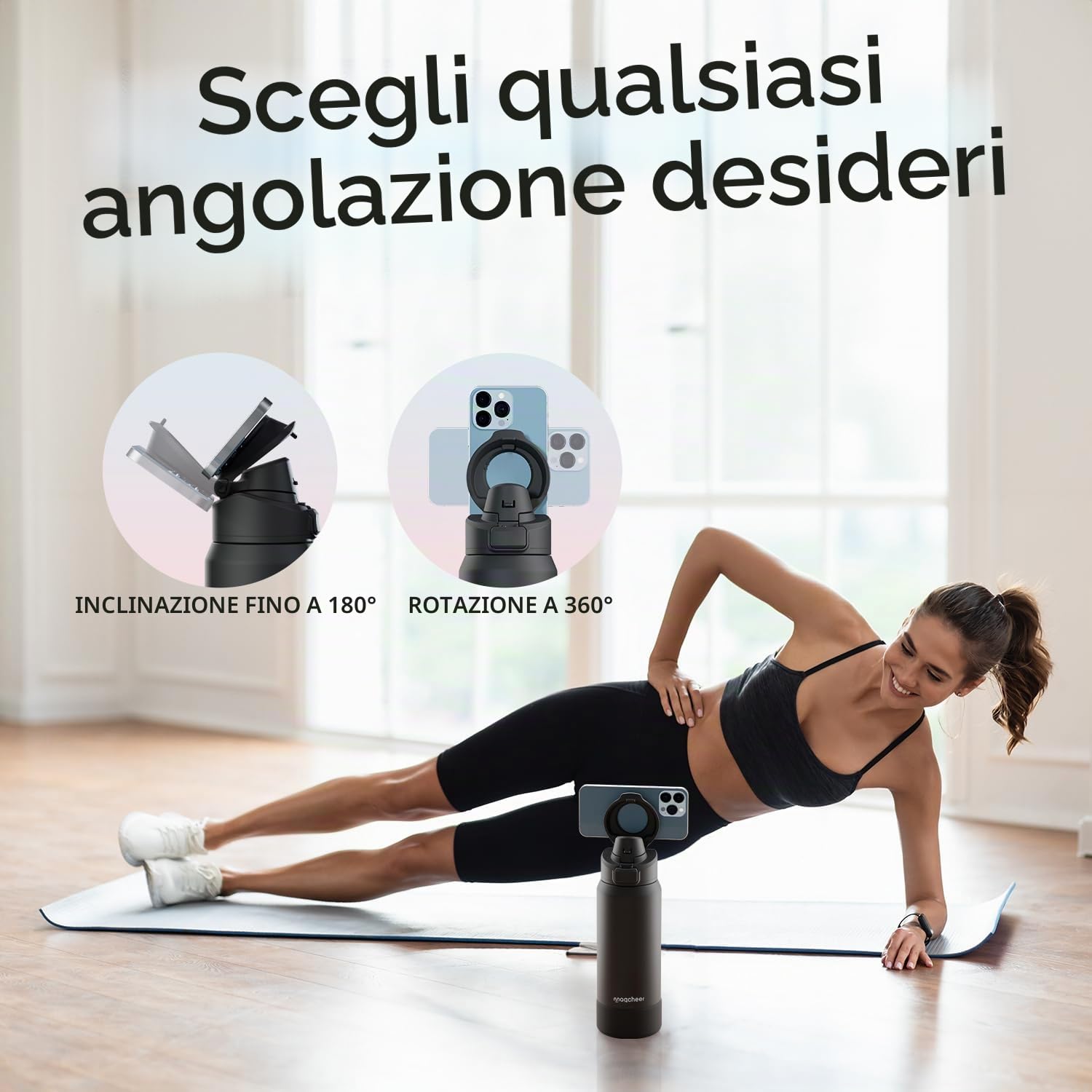 magcheer 1L Borraccia Magnetica con Porta Telefono | Treppiede Con Angoli Regolabili | Senza BPA A Prova di Perdite | Borraccia Termica 24ore Freddo per Palestra Ufficio Viaggi(Nero)