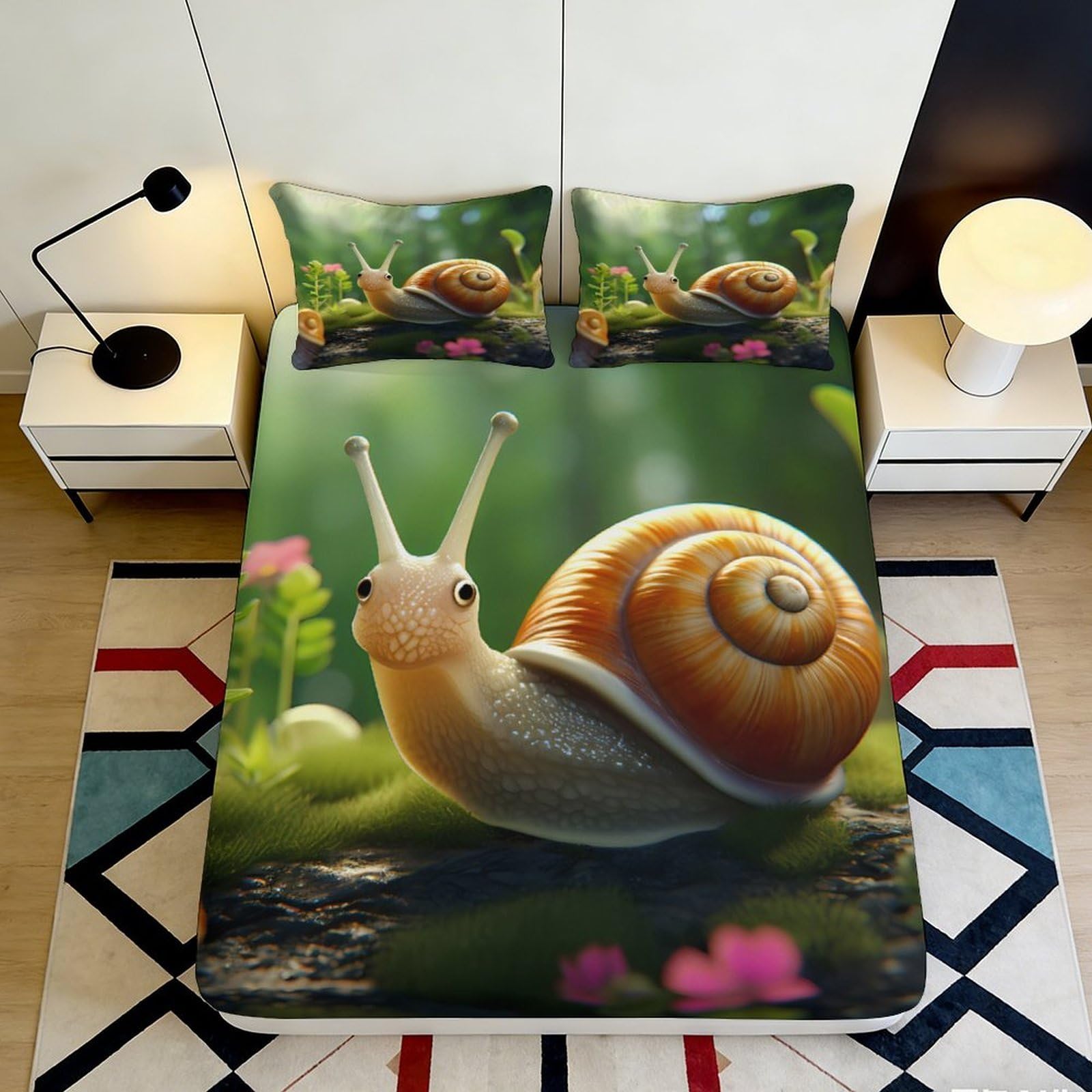 Pnayamiorkfel Style-1 3D Printed Cartoon Snail Fitted Sheet Microfiber Soft Anti-Slip Floral Bed Cover Bedroom Decor Protection 90X200x25cm