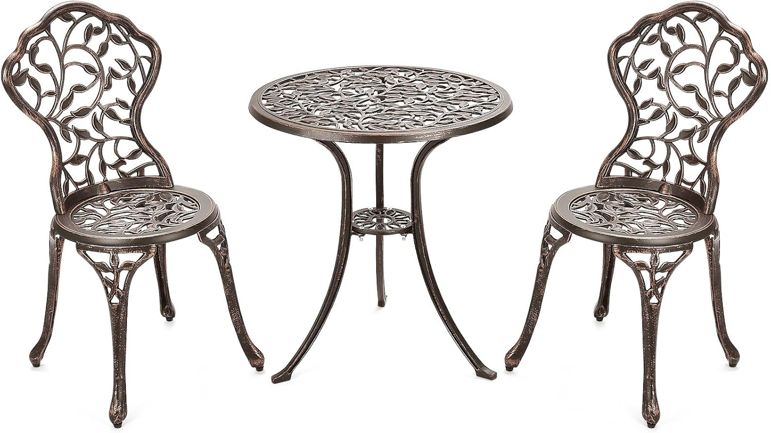 3PCS Premium Patio Bistro Furniture Set Sturdy Cast Aluminum Leaf Design Bronze