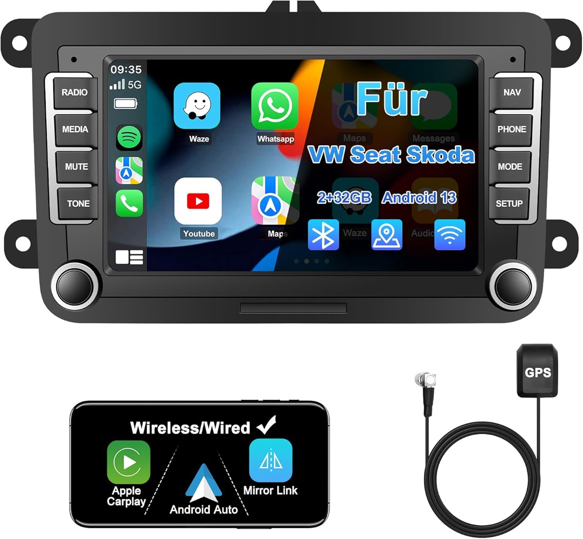 Autoradio mit Bildschirm Bluetooth für VW Polo Golf 5 6 T5 Passat Caddy Seat Skoda, 2Din Auto Radio 7 Zoll Touch Display Android 13,mit DAB Navi WLAN Carplay Android Auto Lenkrad Strg