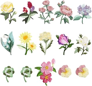 Modixun 15pcs Mini Flower Iron On Patches - 13 Patterns Embroidered Sew On Applique for Jeans, Jackets, Hats, Clothing DIY