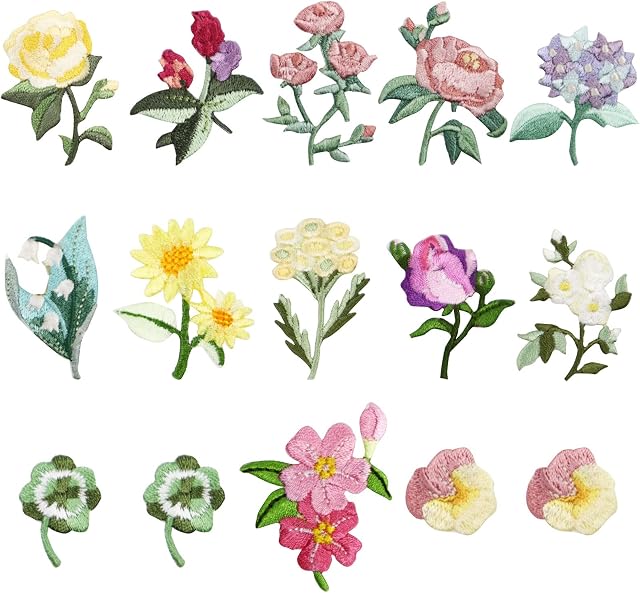 Modixun 15pcs Mini Flowers Iron On Patches, 13 Patterns Decorative Embroidered Patches, Sew On/Iron On Patch Applique for Jeans, Clothing, Hat, Jacket, Mini Flowers