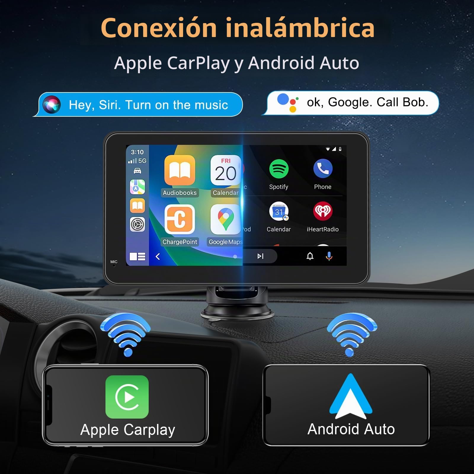 7 Pulgadas Pantalla Coche de Carplay Android Auto Inalambrico,Pantalla Táctil Portátil Radio Coche,Bluetooth,Mirror Link,Control por Voz,Navegación GPS,FM Transmisor,AUX,Airplay