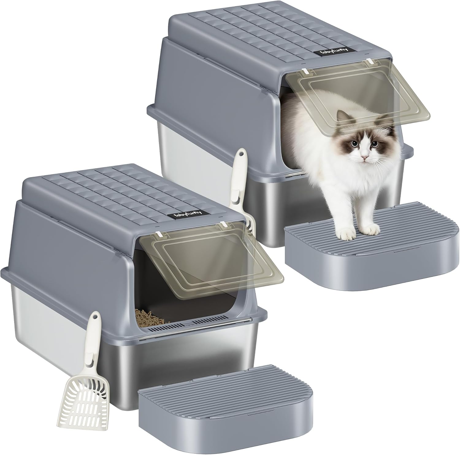 Edelstahl-Katzenklo mit Deckel 2er Set, XXL Geschlossene Metall-Katzenklo, Katzentoiletten mit Schaufel und Fußstufe, Herausnehmbar, 120° Klappdeckel, Leicht zu Reinigen, Dunkelgrau