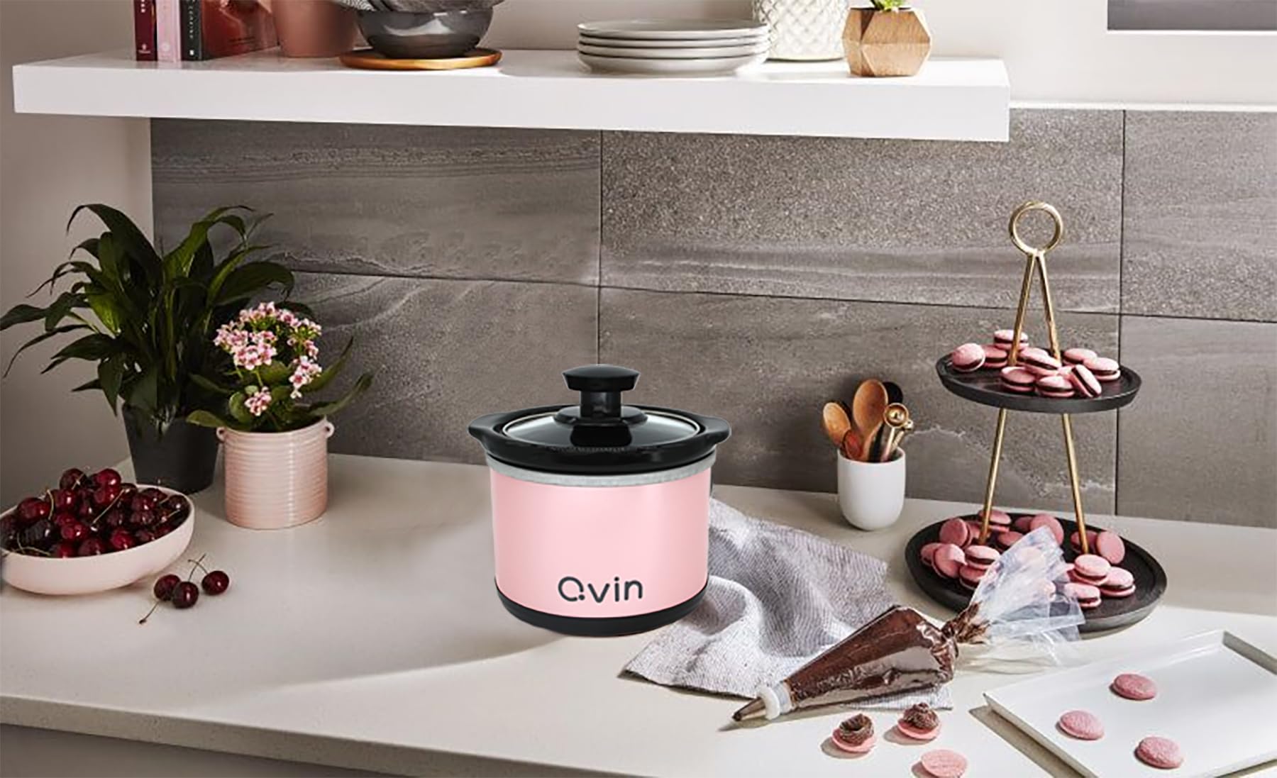 0.65-qt mini Round Slow Cooker, Fondue Melting Pot Warmer with Diswasher-safe Stoneware Crock, Glass Lid, Stainless Steel,Sakura Pink