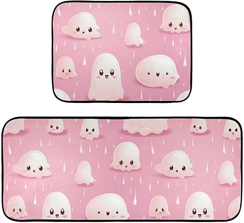 Cute Halloween Design Pattern Kitchen Mats 2 Pieces for Floor, Low Pile Kitchen Rugs Cushioned Water Absorbent Floor Mats for Kitchen Sink Laundry