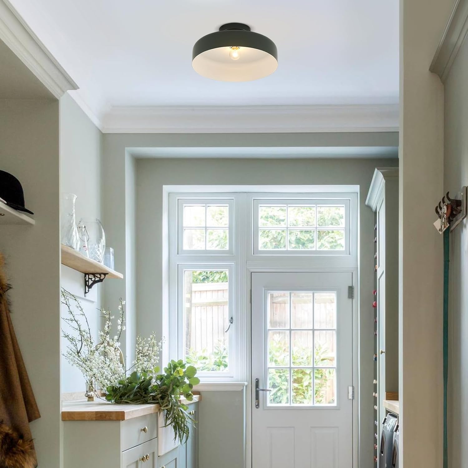 13-Inch Industrial Semi Flush Mount Ceiling Light Vintage Green Light Ceiling Mount Lamp Farmhouse Flush Mount Light Fixture for Hallway Bedroom Foyer Kitchen Entryway