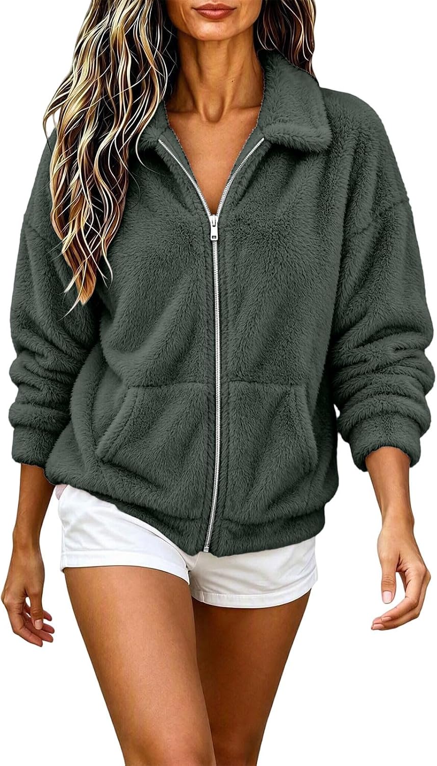 Women's Fuzzy Jacket Zip Up Long Sleeve Collared Casual Winter Coat