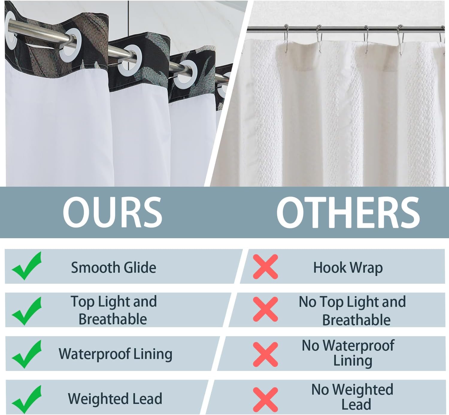 No Hook Boho Shower Curtain and Liner Set - Dark Forest Plant Pattern, Waterproof Black Fabric Bath Curtain for Modern Bathroom with Breathable Mesh Top Window, 71x74inch