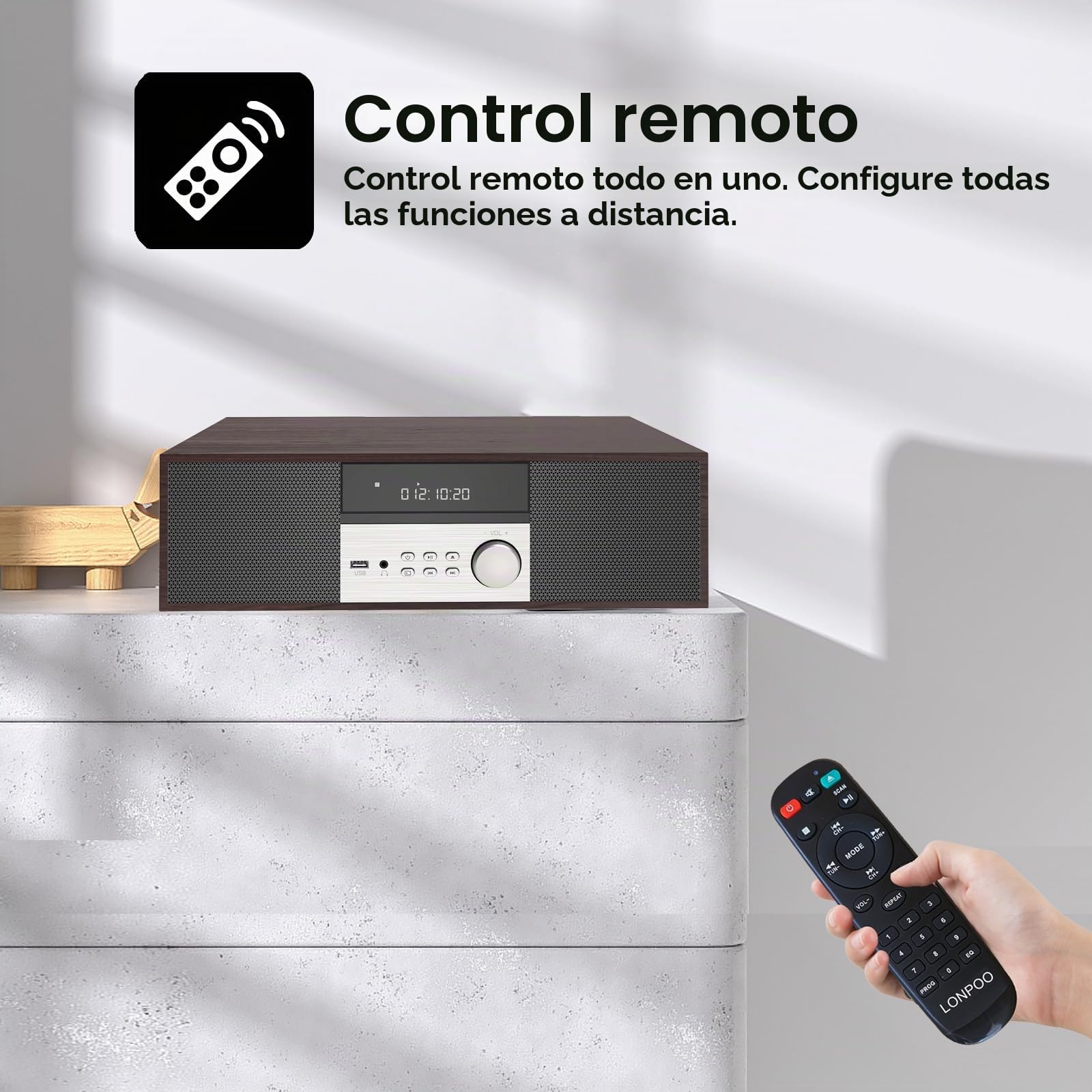 Microcadena Estéreo HiFi Compacto 40W con Reproductor de CD, Bluetooth, Radio FM, USB, Entrada Auxiliar, Pantalla LED Grande y botón, Mando a Distancia