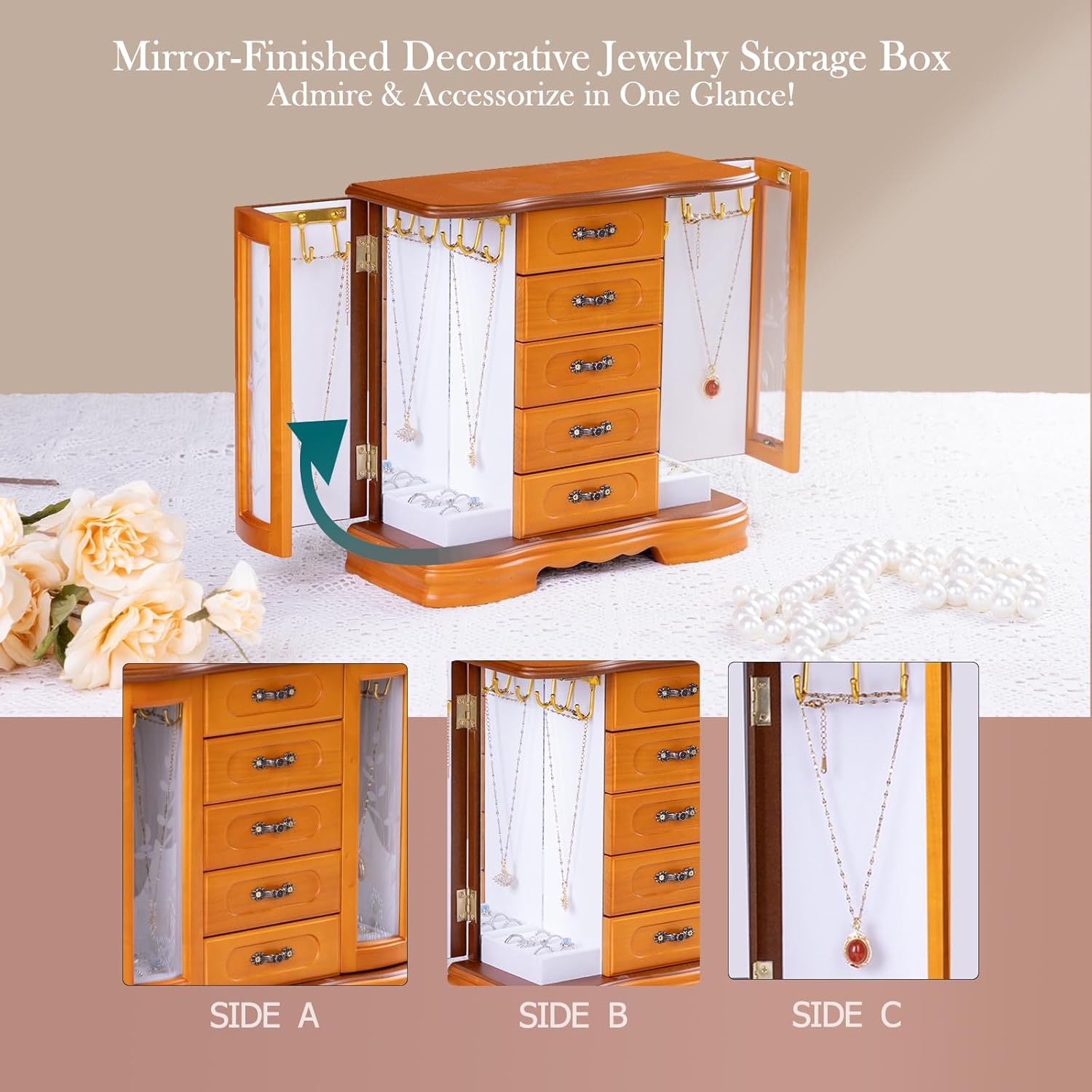 Jewelry Boxes For Women,Handle Carving Craft Wooden Jewelry Box,With 12Hooks And Velvet Lining Large Vintage Jewelry box,Suitable As Gift For Friends(Brown) - Image 6