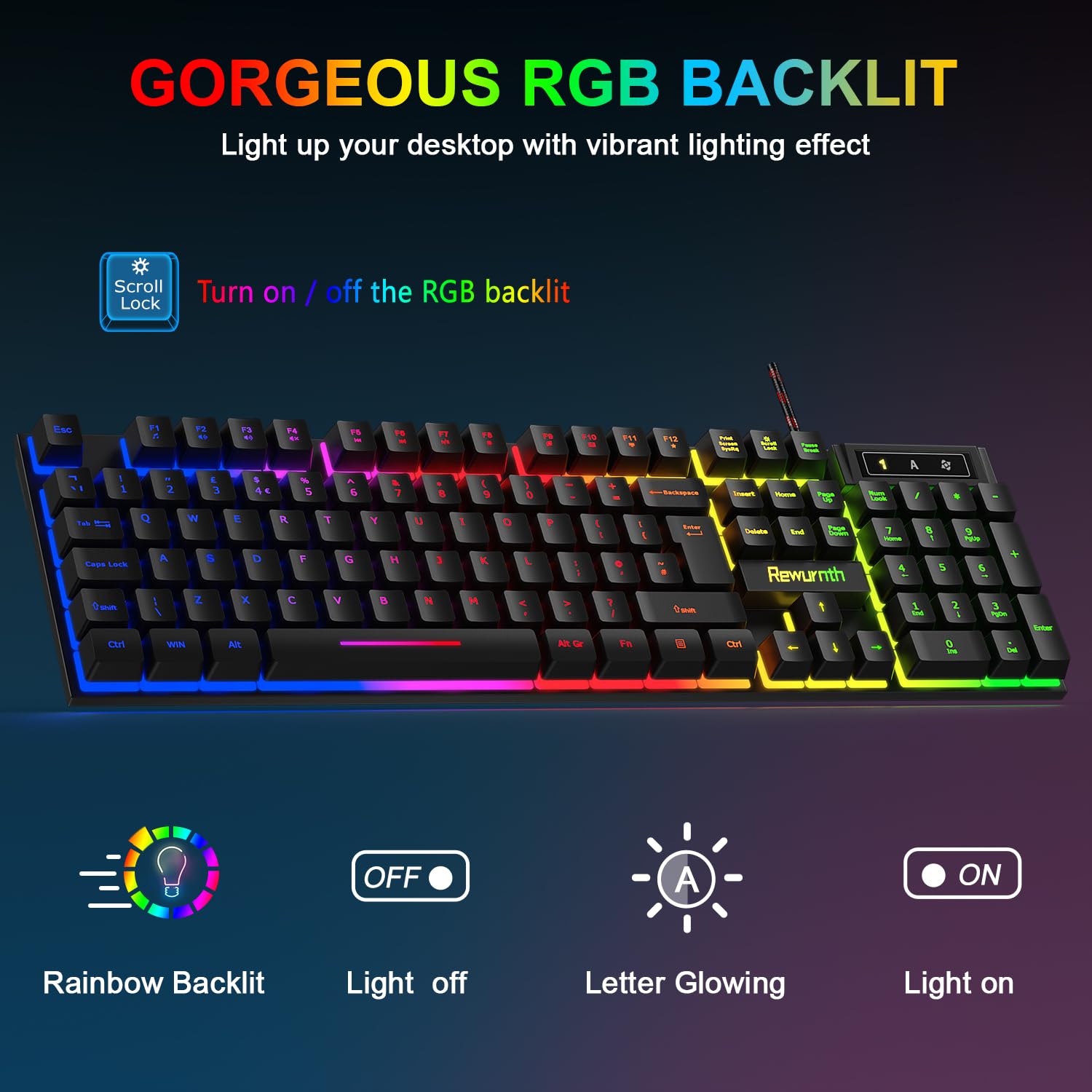 Set di tastiera e mouse da gioco con cuffie, layout UK, tastiera cablata retroilluminata RGB, mouse da gioco ergonomico a LED a 4 colori, cuffie over-ear, tappetino per mouse grande, USB Plug