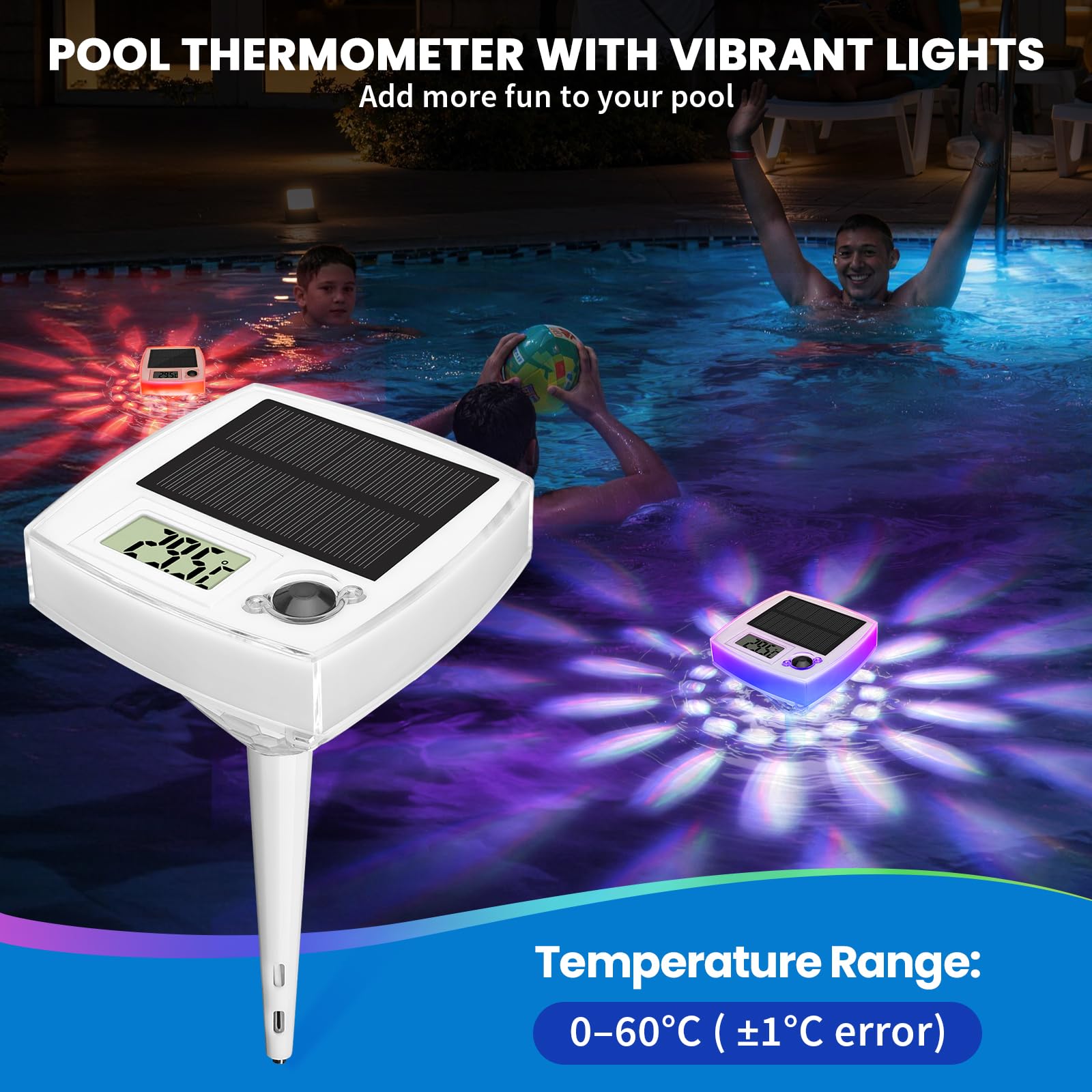 Termómetro Piscina Flotante Solar, iluminación de piscina con 8 modos LED, Termómetro digital fácil Lectura, Luz Solar Piscina IP68 impermeable, para estanque de jardín, Spa, bañeras, Acuarios