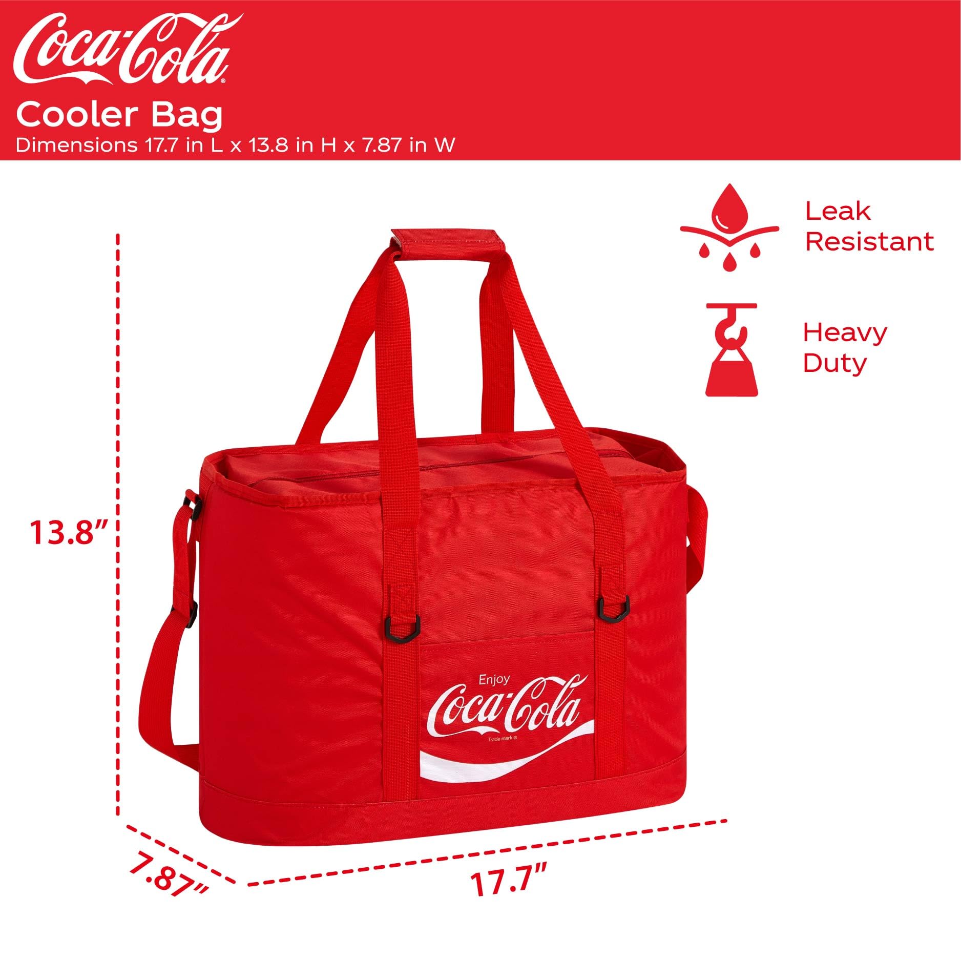 Coca-Cola Tote Bag, 40 Can Capacity Portable Beverage Cooler With Shoulder Strap, Large Soft Cooler For Picnic, Beach, Camping & Travel, Red Coca-Cola Lunch Cooler on Fridge.com - View 3