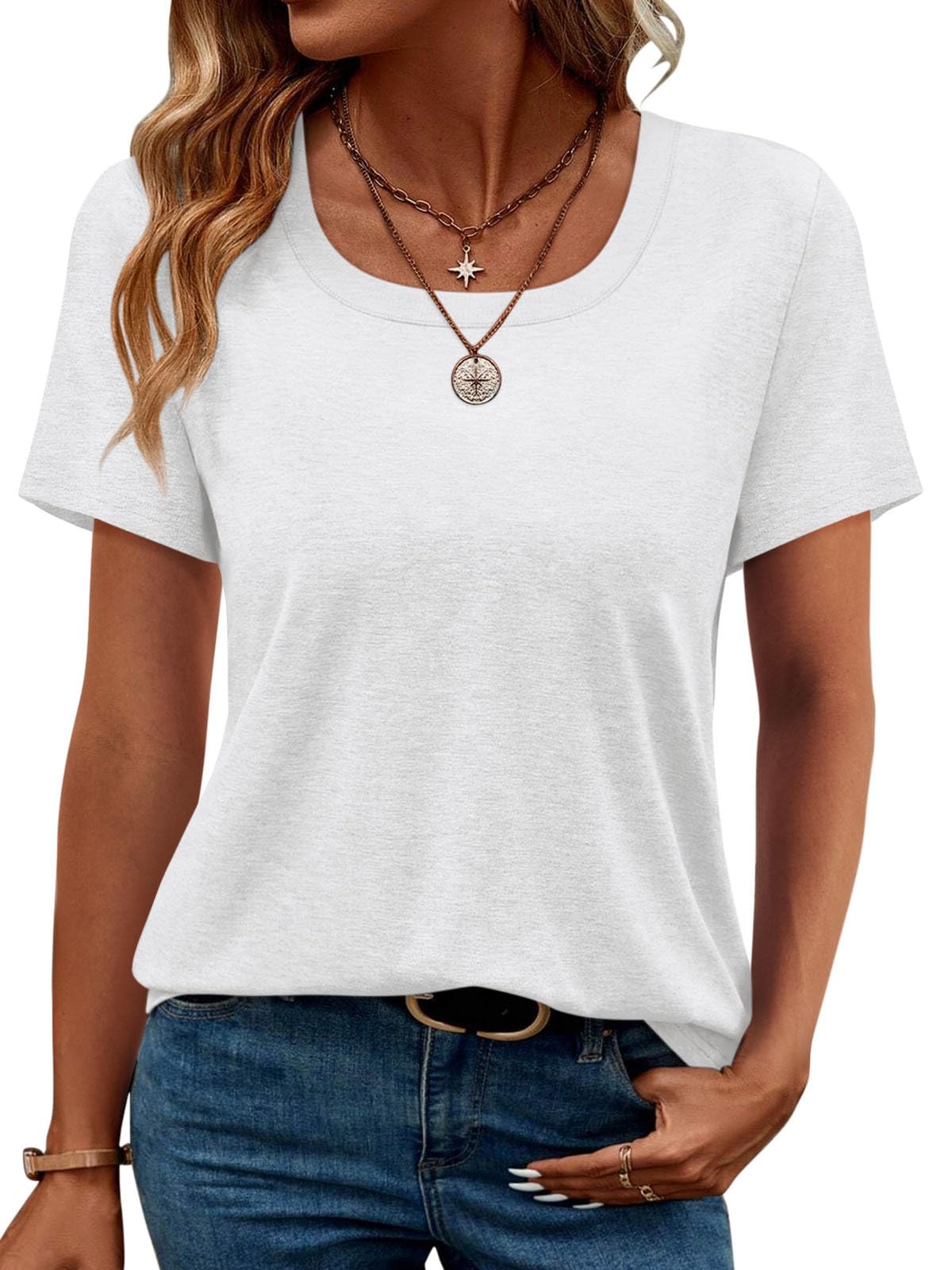 Women's Square Neck Short Sleeve Tops Casual Loose Fit T Shirts