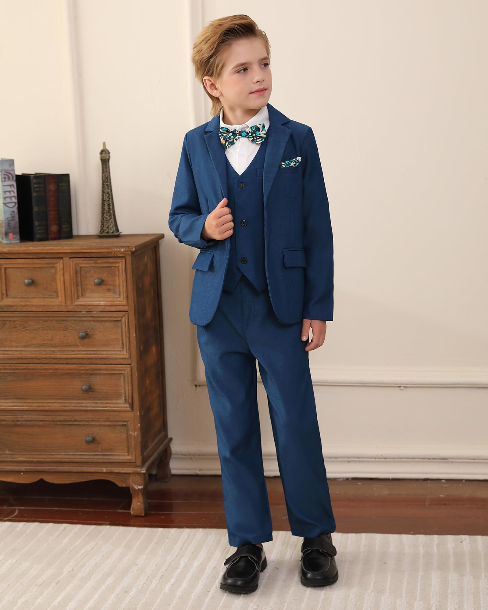 Traje de Niños 5 Piezas Clásico Slim Fit Traje de Boda Conjunto Caballero Esmoquin Chaqueta Abrigo + Chaleco + Blusas + Pajarita + Pantalones Niños Bautizo Traje