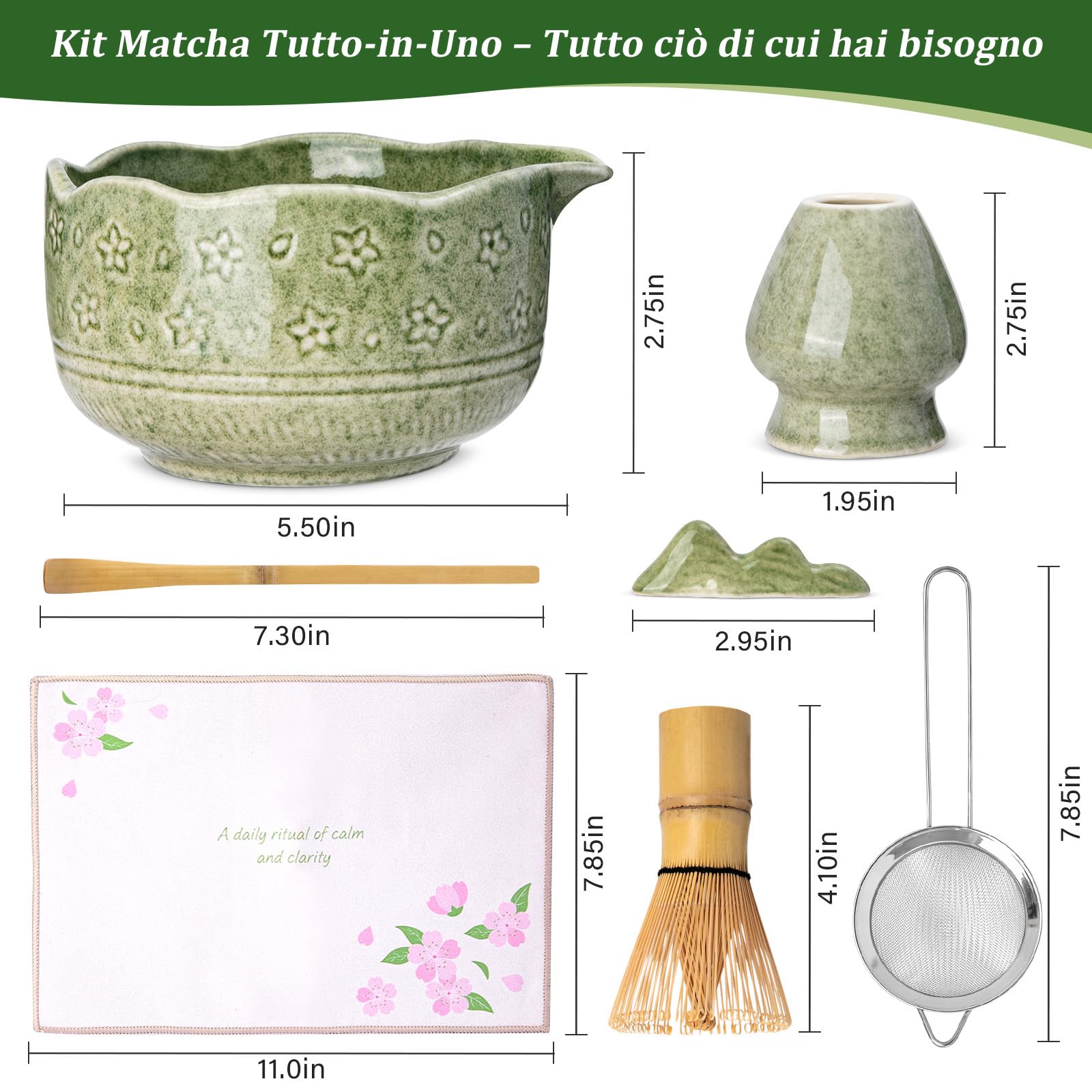 ALBISS Matcha Kit Set da 7 Pezzi in Ceramica Cerimoniale – Ciotola da 530 ml con Beccuccio e Design Sakura, Frusta in Bambù con Supporto, Elegante Set da Tè Giapponese per Amanti del Matcha, Verde