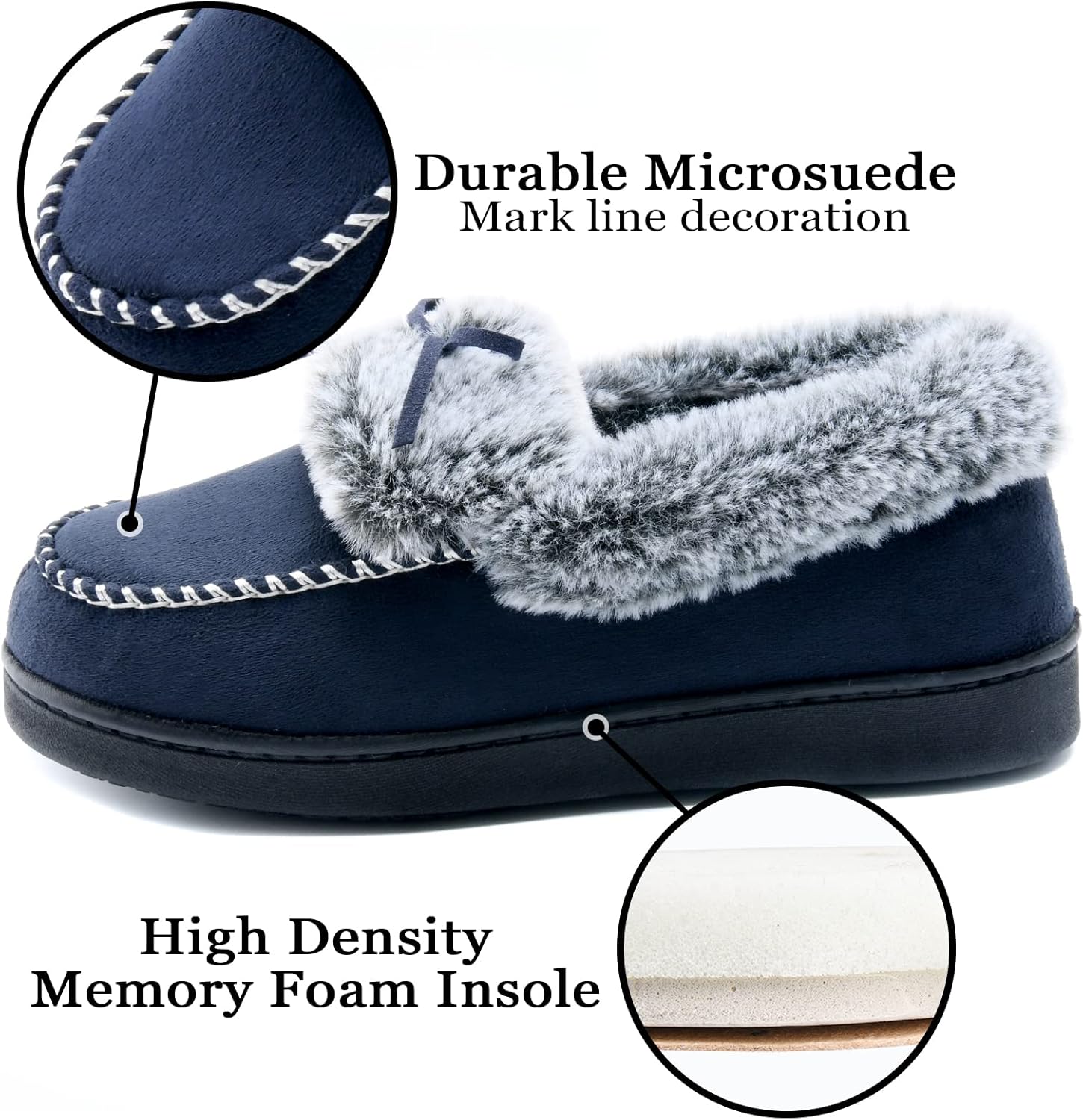 DL Women's Fuzzy Warm Moccasin Slippers Memory Foam, Soft Fluffy Winter House Closed Back Fur Lined, Cozy Ladies Suede Indoor Bedroom Houseshoes Non-Slip - Image 3