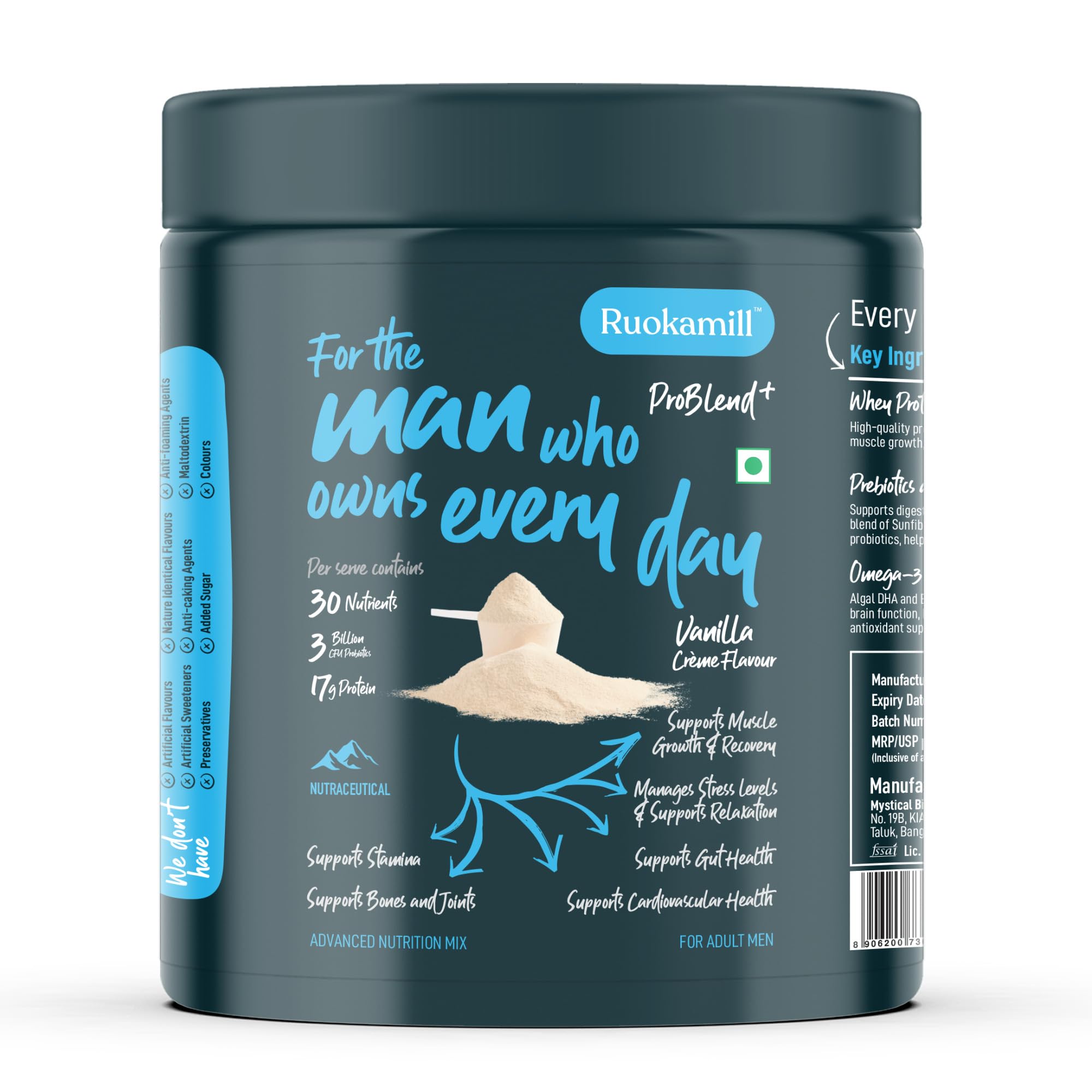 Ruokamill Men High Protein Nutrition Mix | Supports Performance, Stress Reduction & Muscle Recovery | 30 Nutrients, 17g Protein, BCAA, Ashwagandha | Zero Added Sugar | (400g, Chocolate) — Amazon image 12